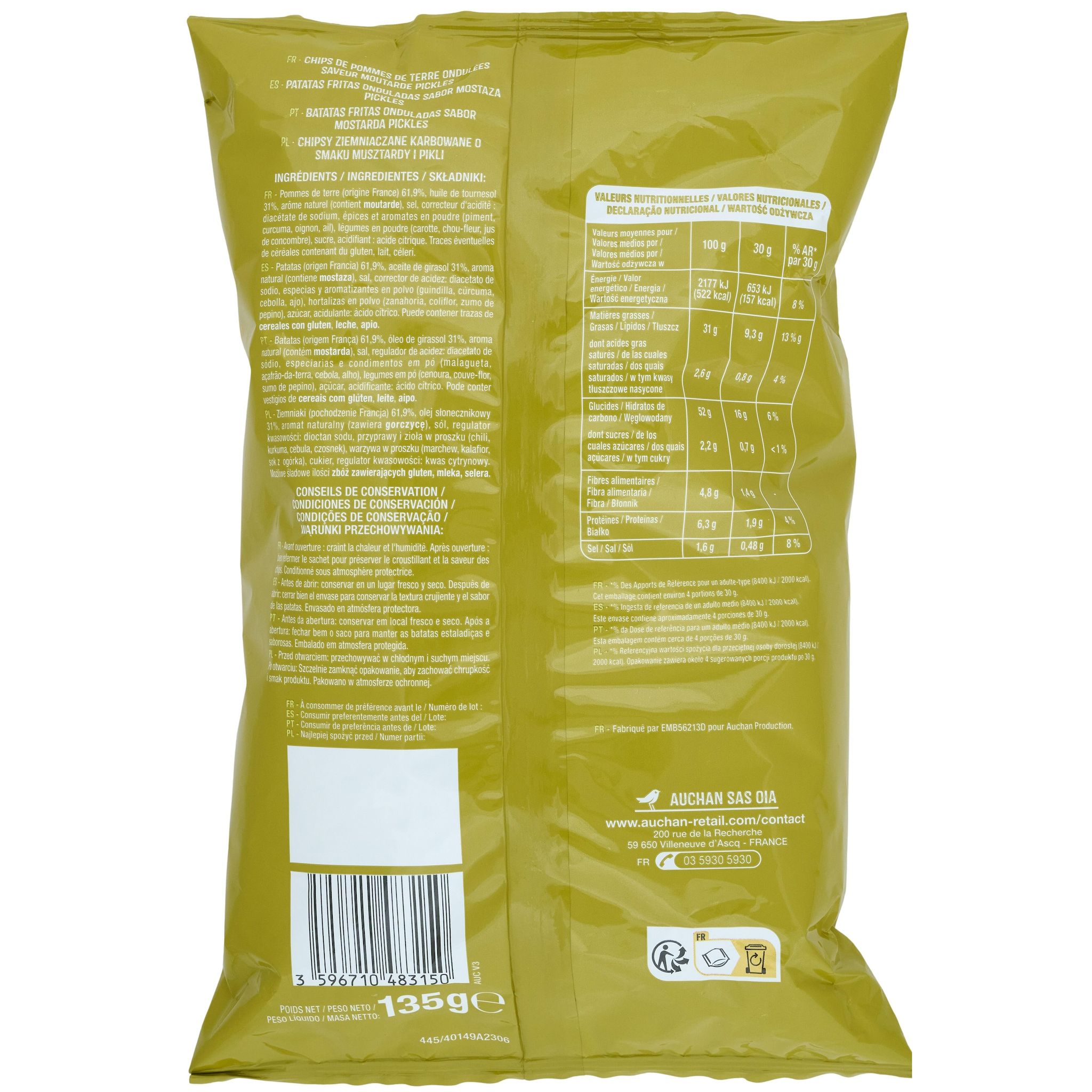 Voir la diapositive 2 : AUCHAN Chips ondulées saveur moutarde pickles 135g
