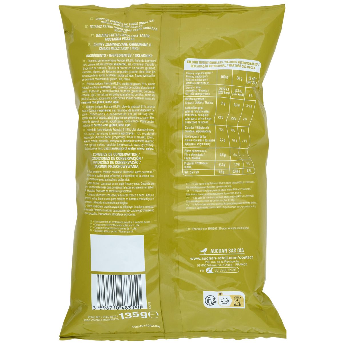 AUCHAN Chips ondulées saveur moutarde pickles 135g