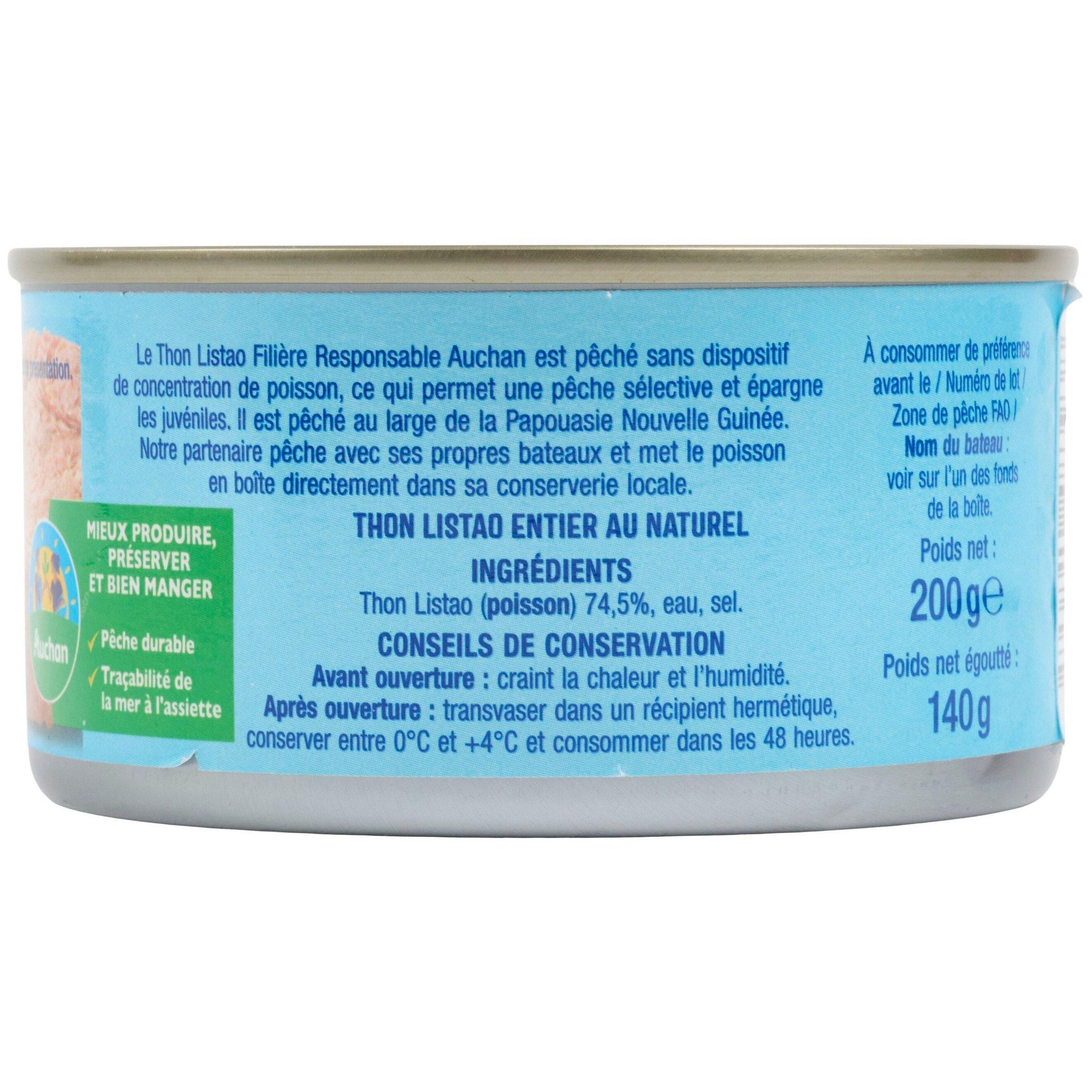 Voir la diapositive 2 : AUCHAN CULTIVONS LE BON thon listao entier au naturel 140g