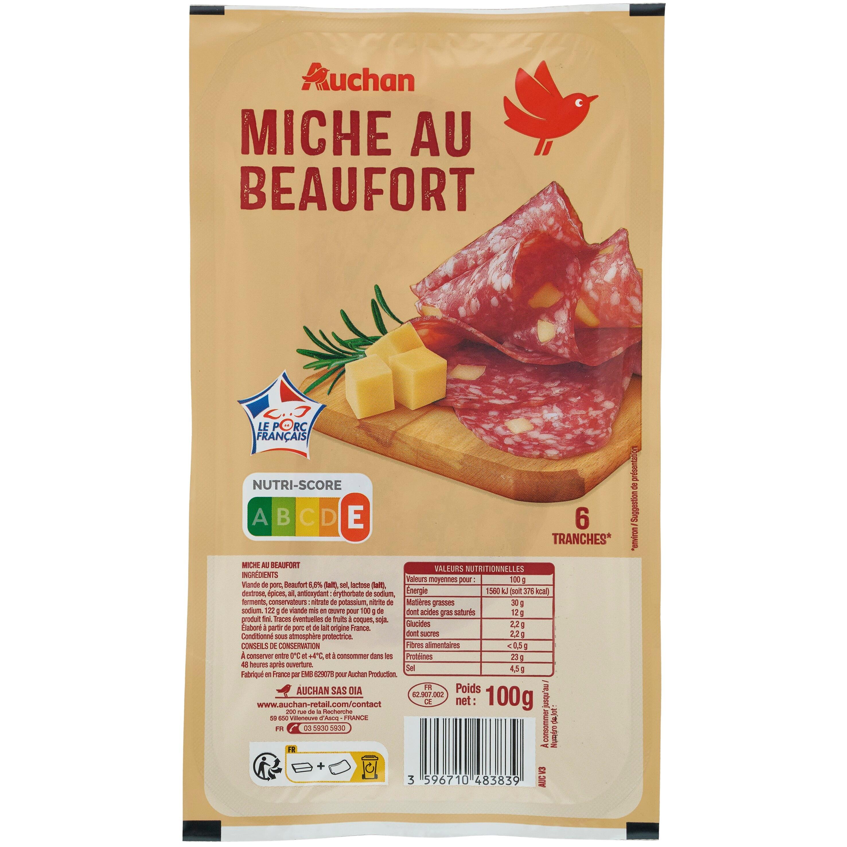Voir la diapositive 2 : AUCHAN Miche au beaufort 6 tranches 100g