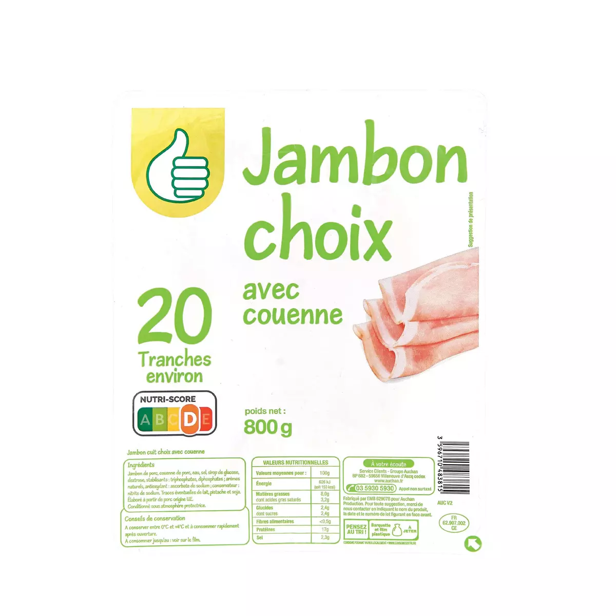 POUCE Jambon cuit choix 20 tranches 800g