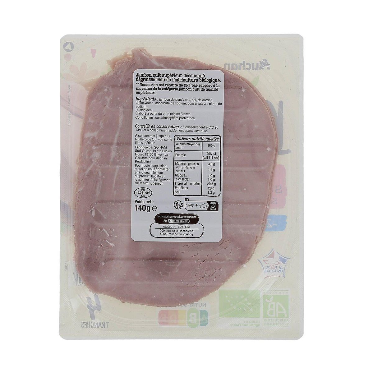 AUCHAN BIO Jambon supérieur réduit en sel 4 tranches 140g