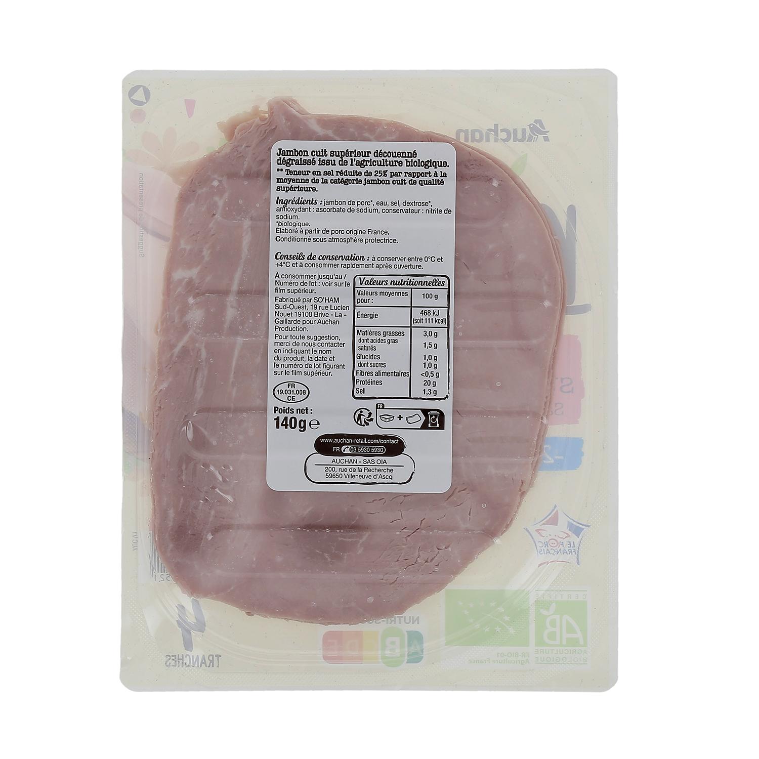 Voir la diapositive 3 : AUCHAN BIO Jambon supérieur bio sans couenne réduit en sel 4 tranches 140g