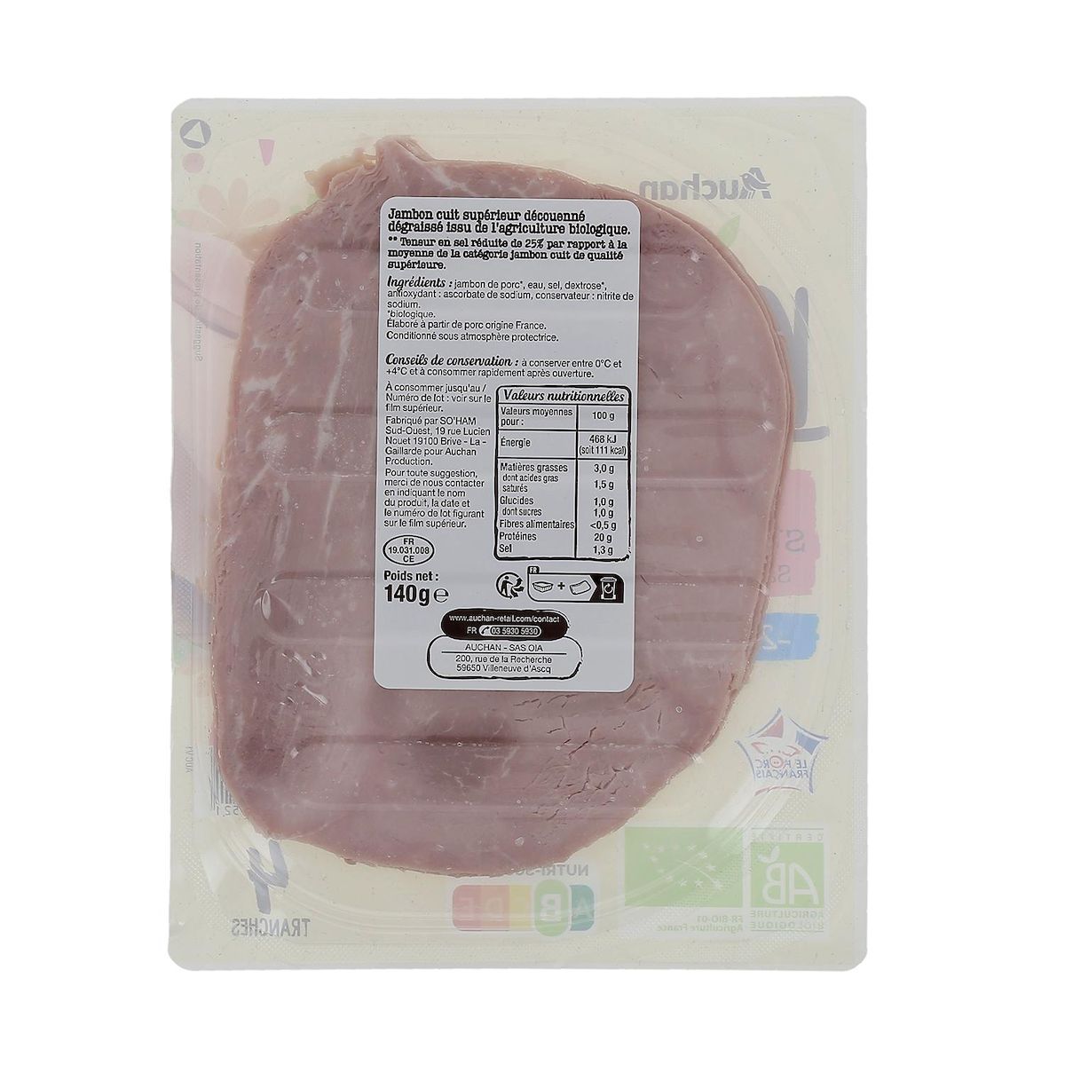 AUCHAN BIO Jambon supérieur bio sans couenne réduit en sel 4 tranches 140g