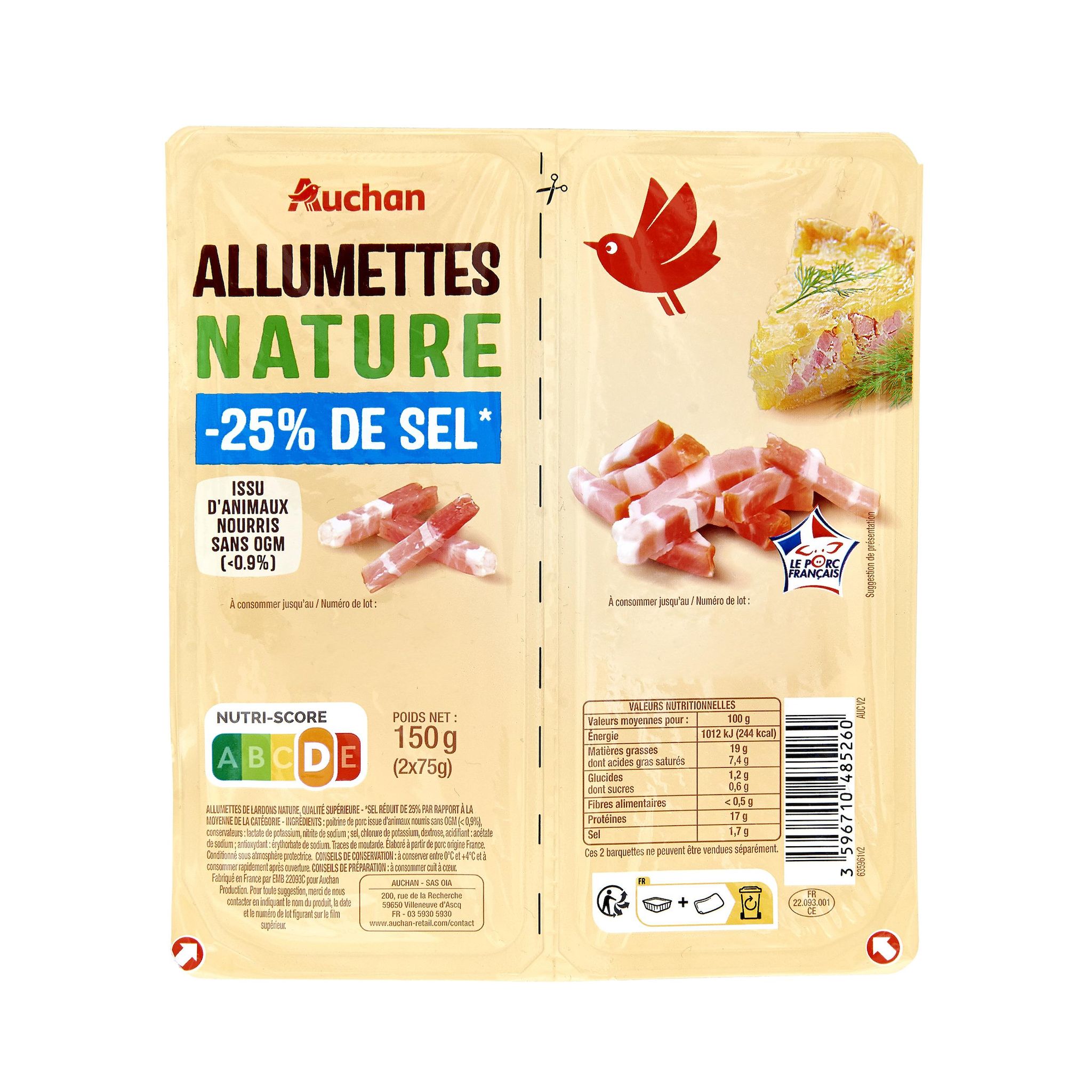 Voir la diapositive 2 : AUCHAN Allumettes nature -25% de sel 2x75g