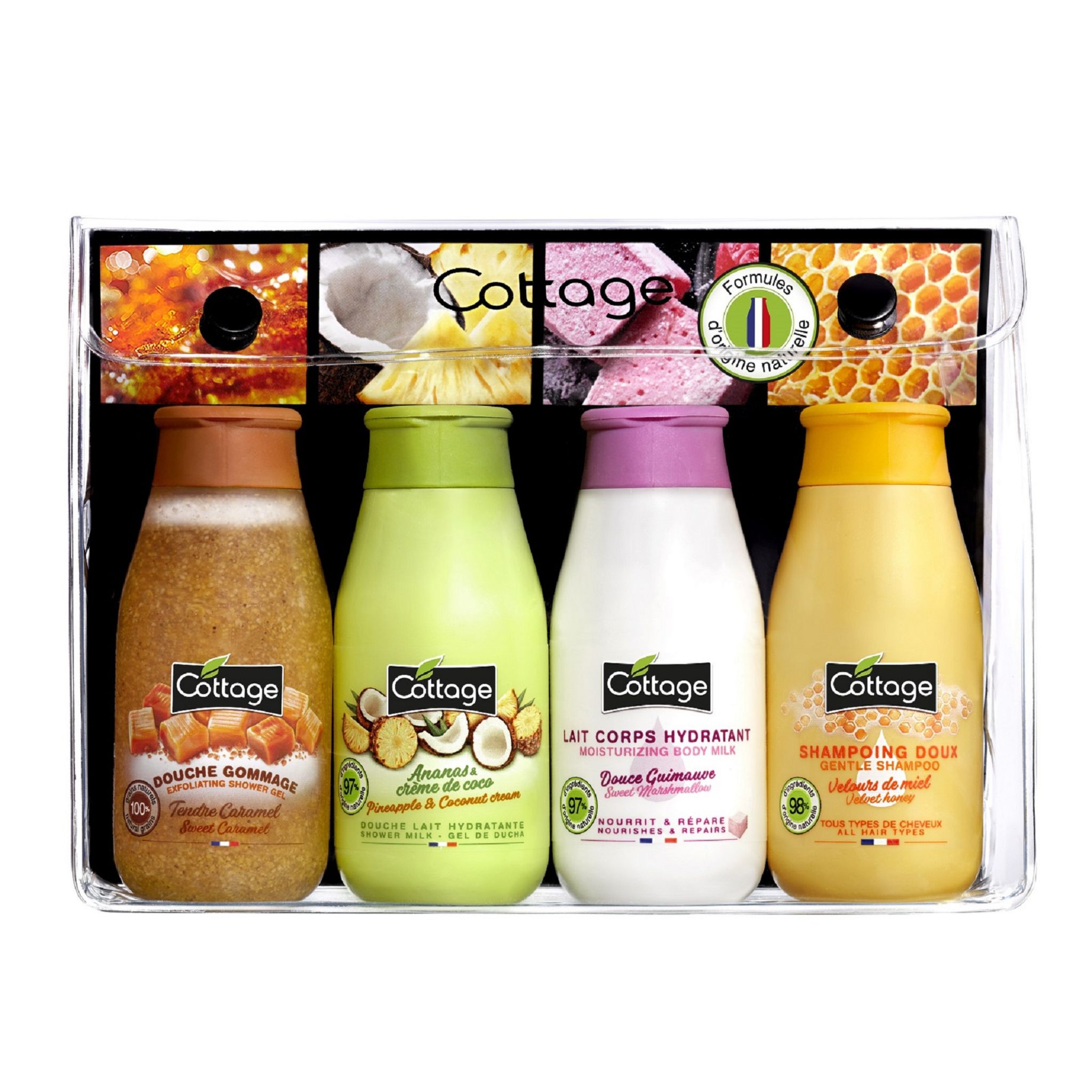 COTTAGE Trousse de voyage lait de douche hydratant & shampooing doux 4x50ml