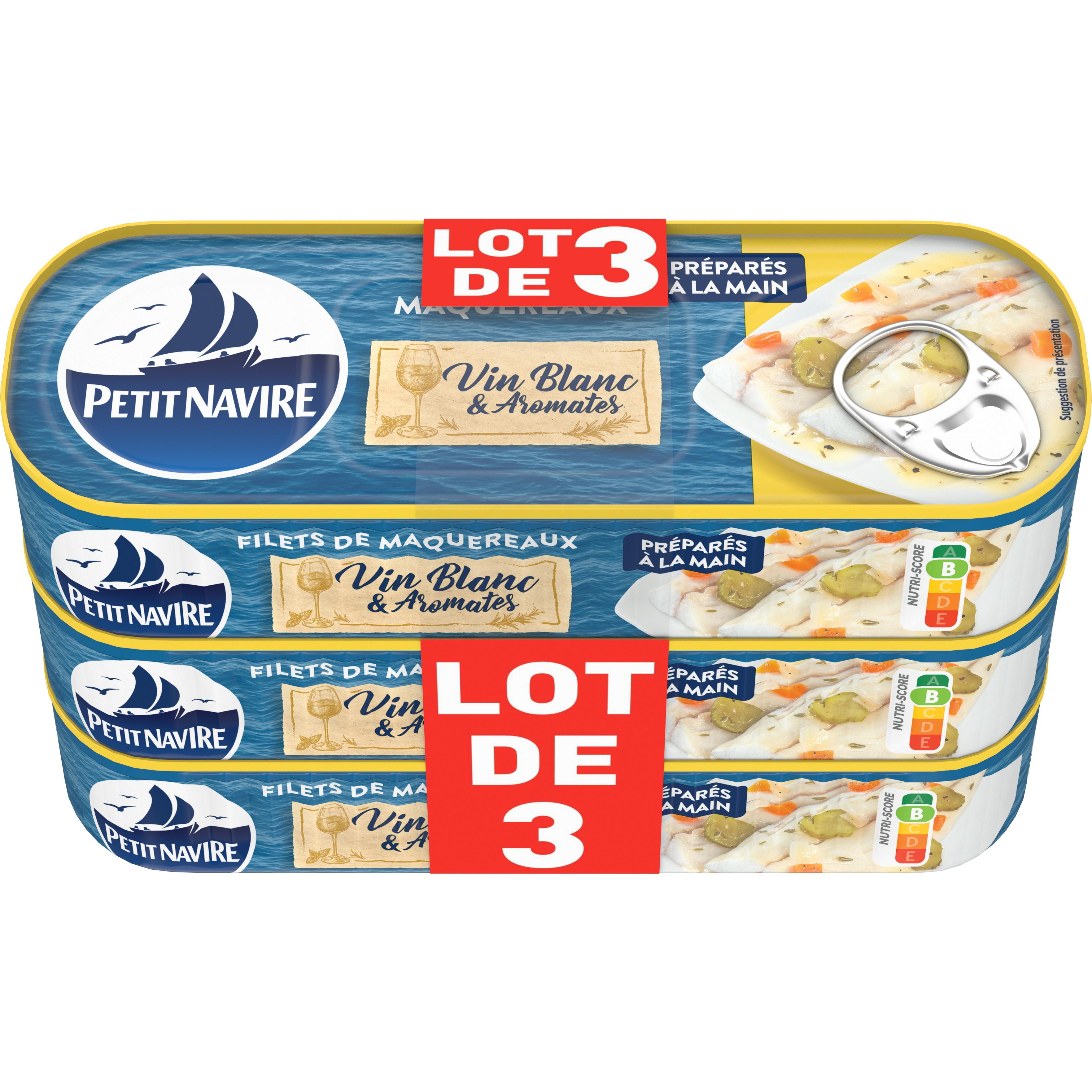 Voir la diapositive 2 : PETIT NAVIRE Filets de maquereaux au vin blanc et aromates 3x175g