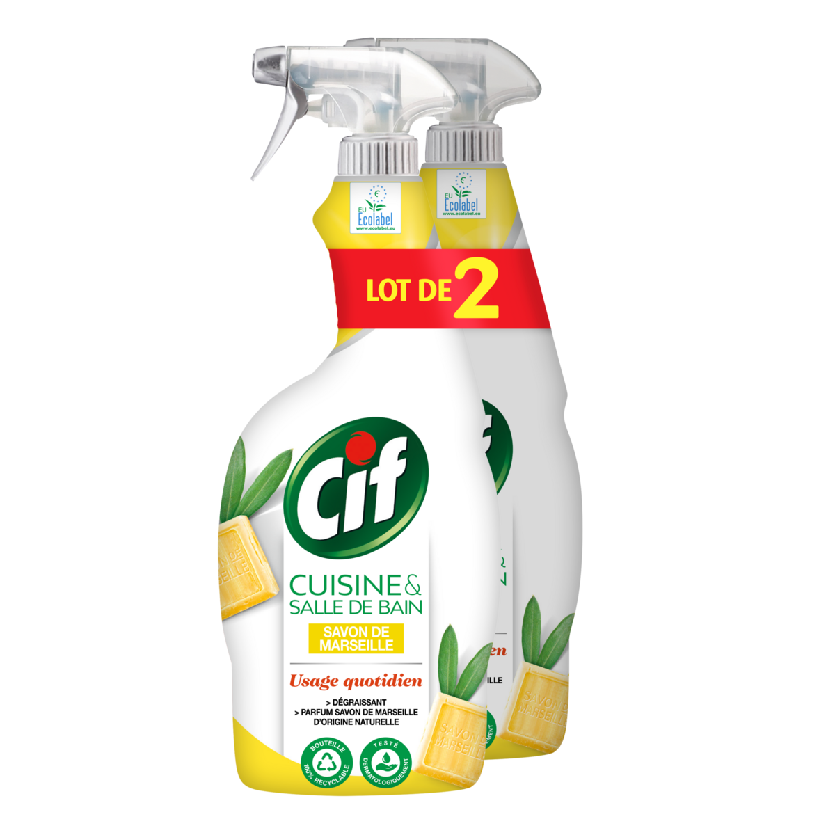CIF Nettoyant cuisine & salle bain savon de Marseille spray 2x750ml