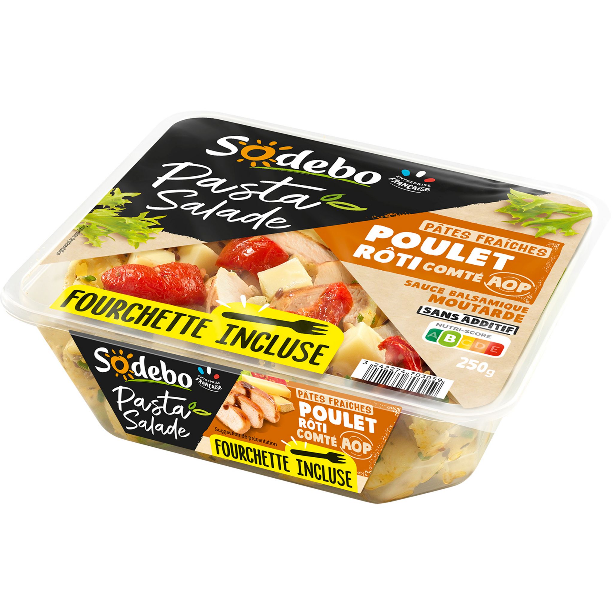 Voir la diapositive 2 : SODEBO Salade de pâtes poulet rôti comté sauce balsamique moutarde avec fourchette 250g