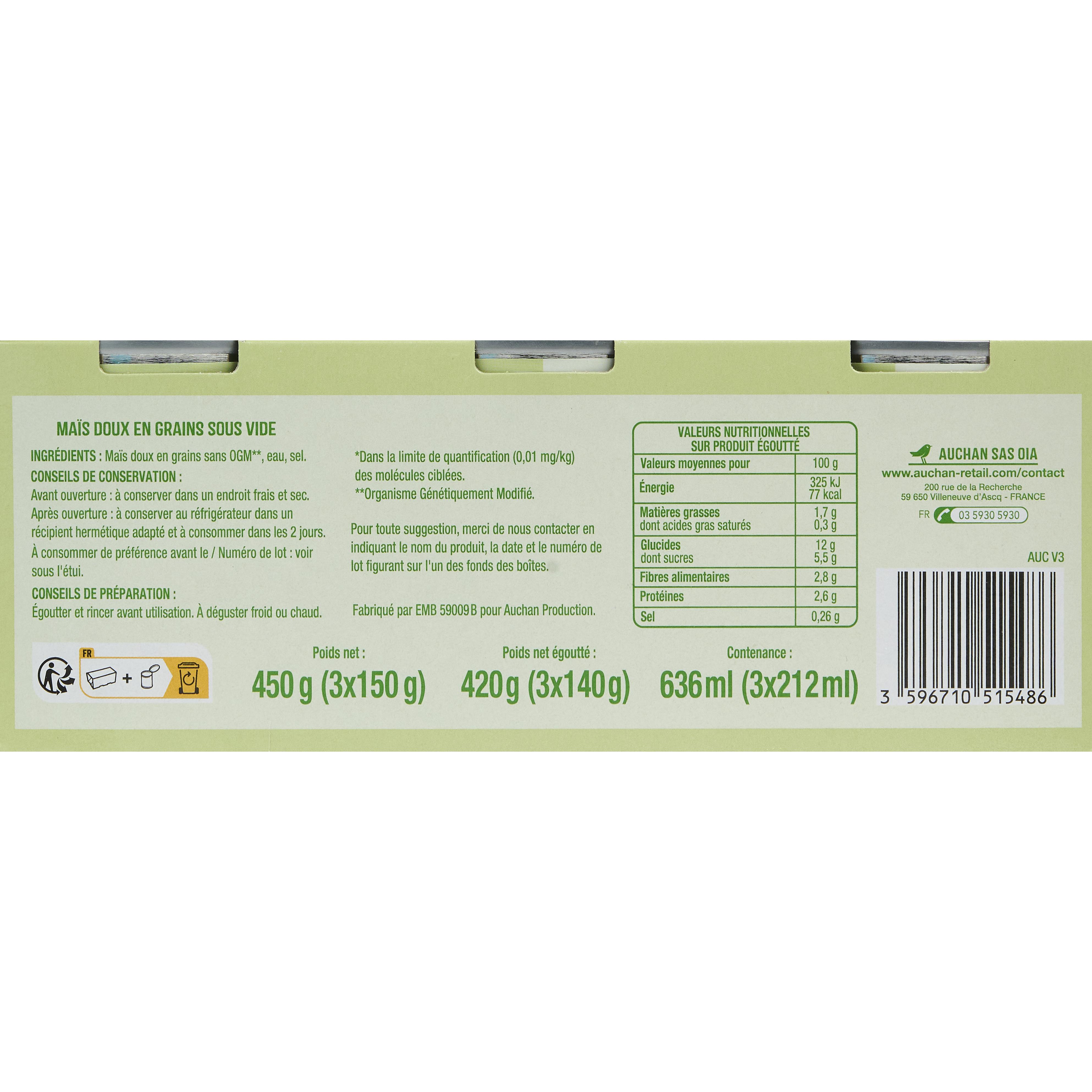 Voir la diapositive 3 : AUCHAN Maïs croquant sans résidu de pesticides 3x140g