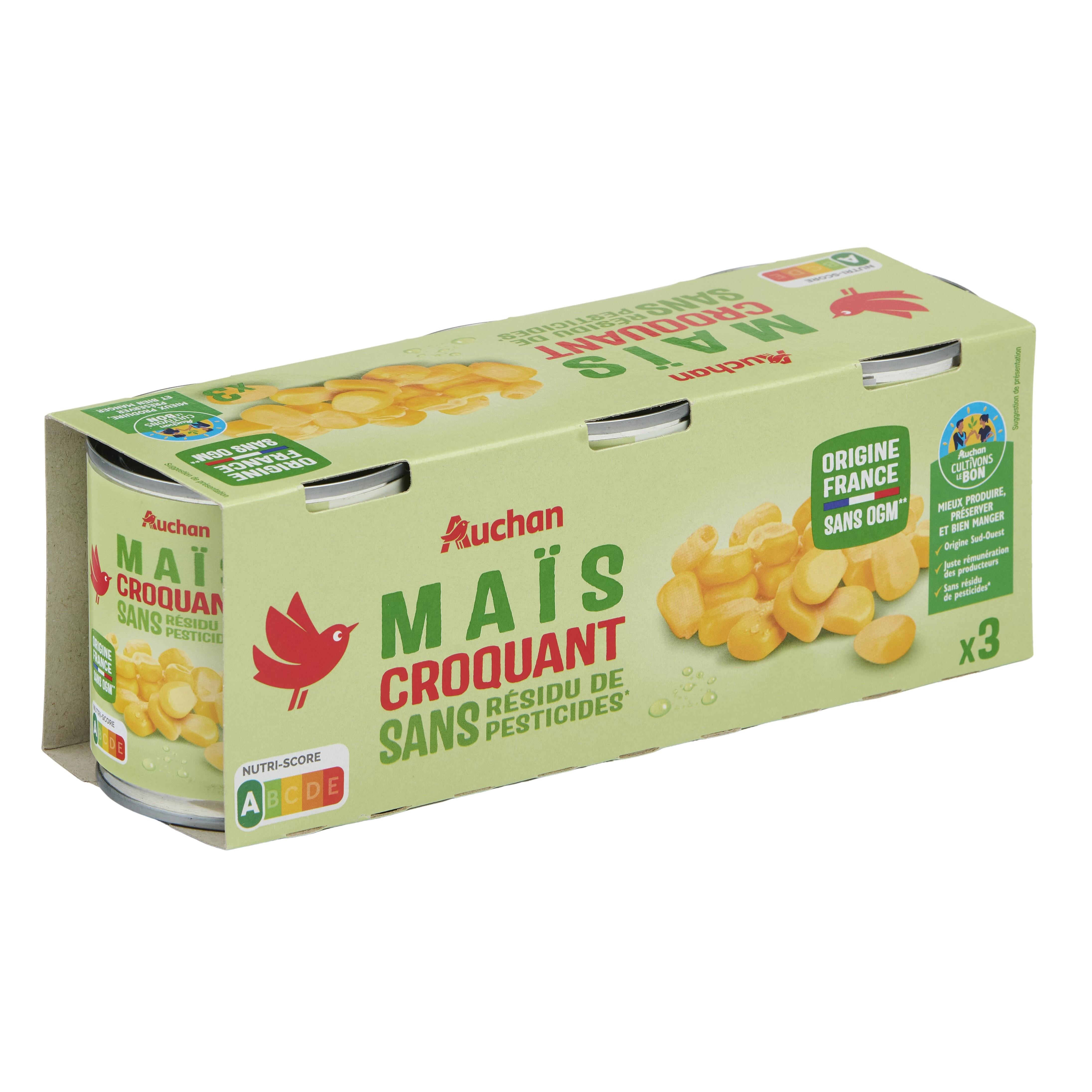 Voir la diapositive 4 : AUCHAN Maïs croquant sans résidu de pesticides 3x140g