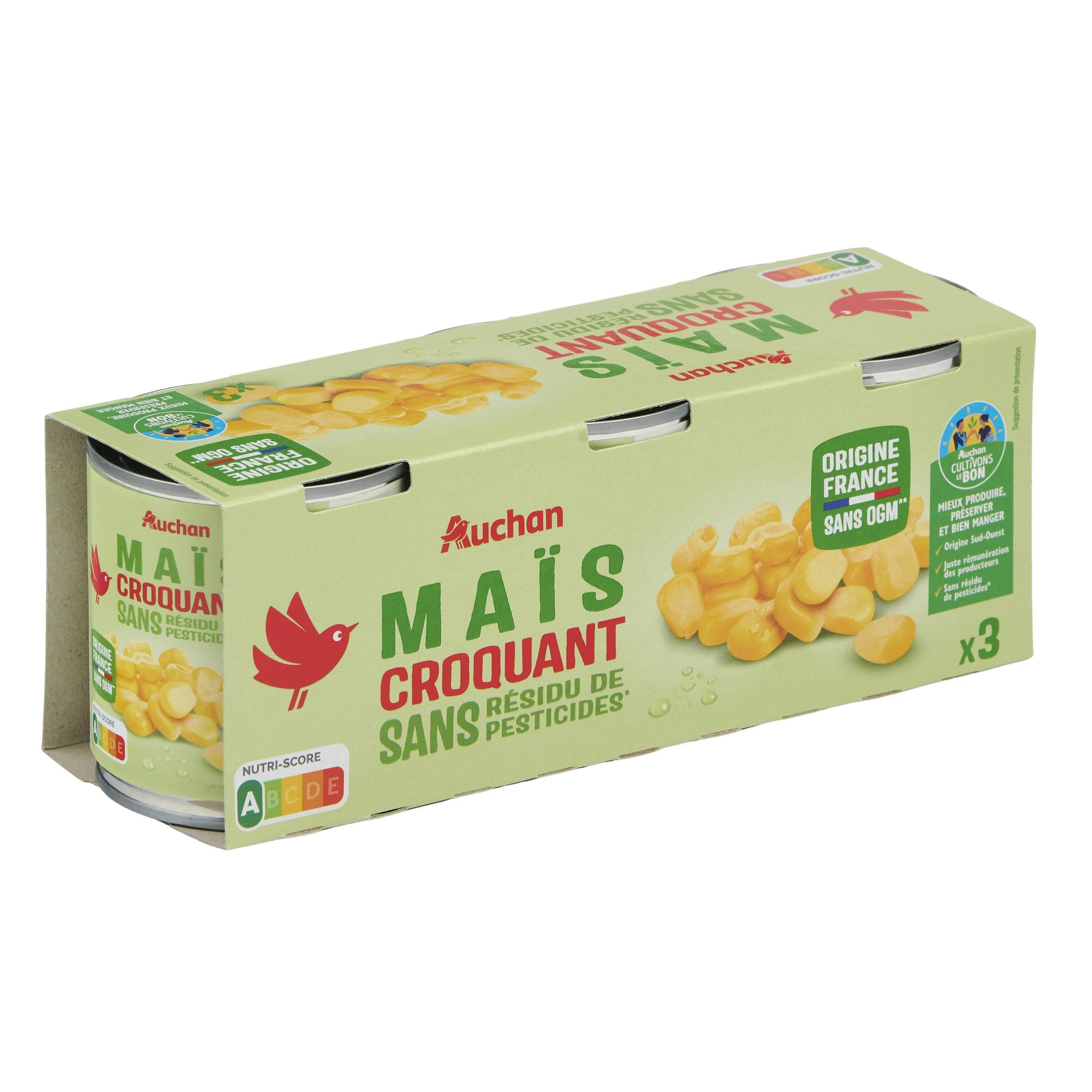 Voir la diapositive 4 : AUCHAN Maïs croquant sans résidu de pesticides 3x140g