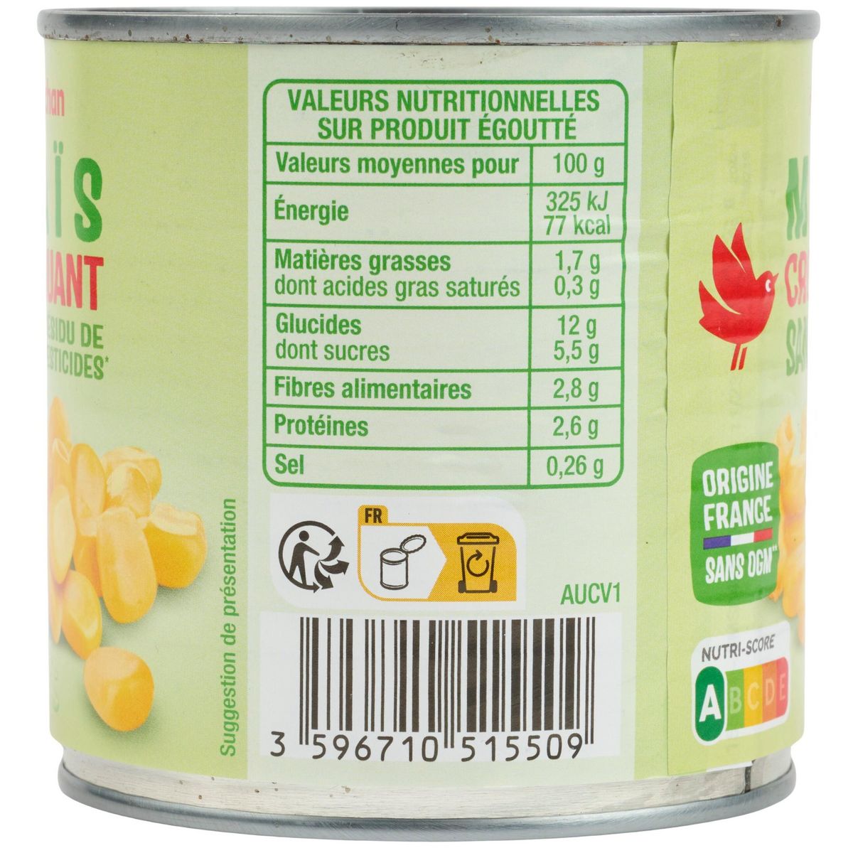 AUCHAN Maïs croquant sans résidu de pesticides sans OGM 285g