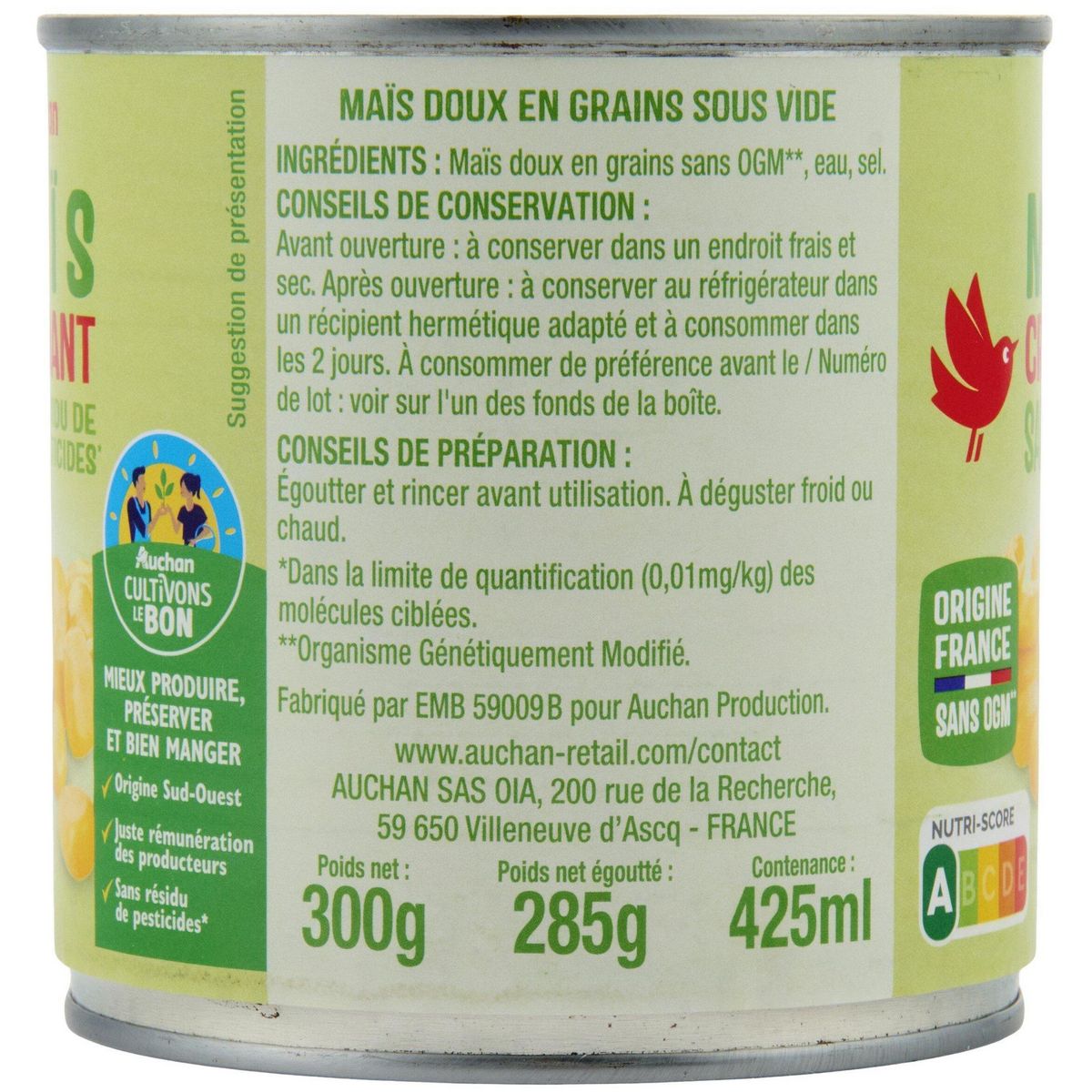 AUCHAN Maïs croquant sans résidu de pesticides sans OGM 285g