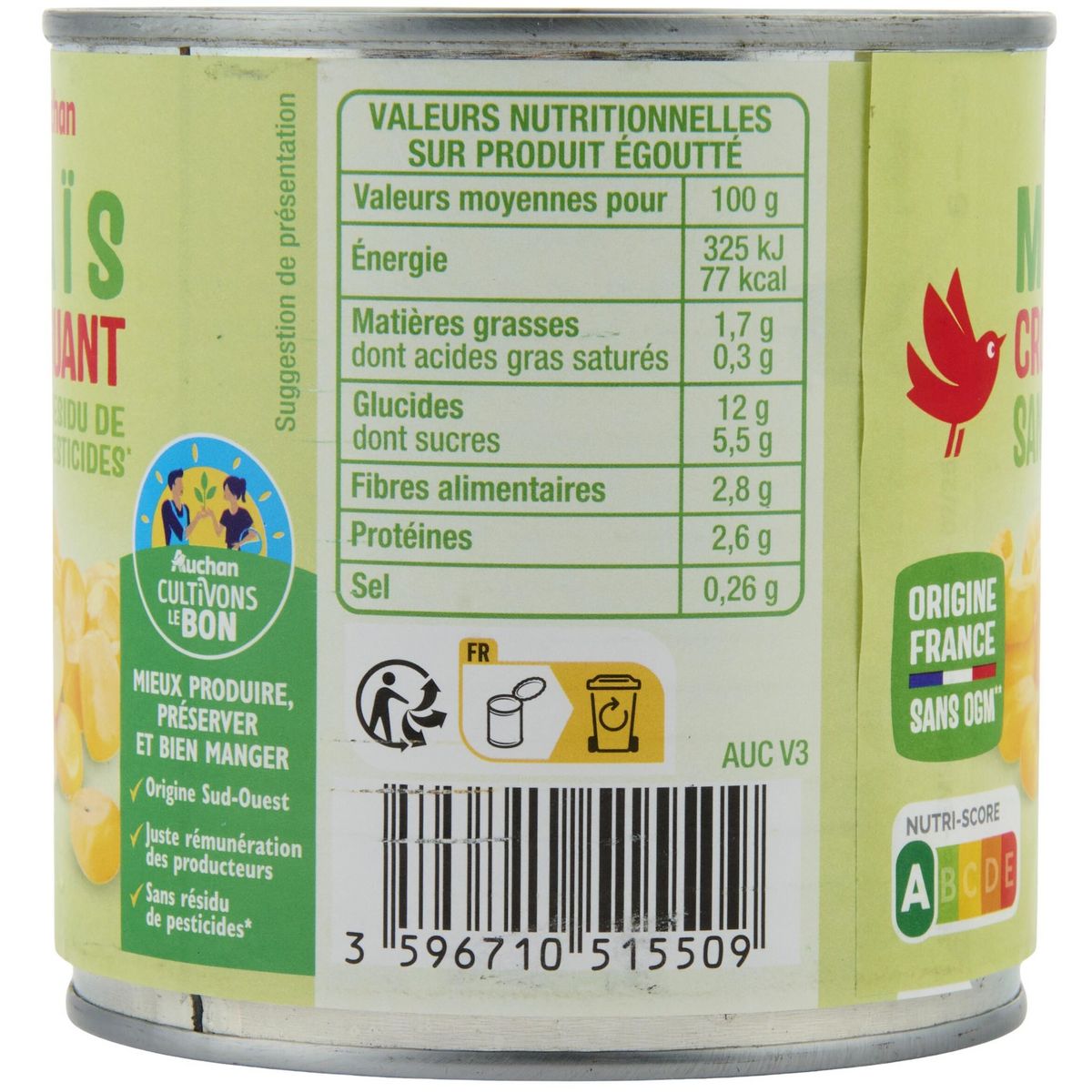 AUCHAN Maïs croquant sans résidu de pesticides sans OGM 285g