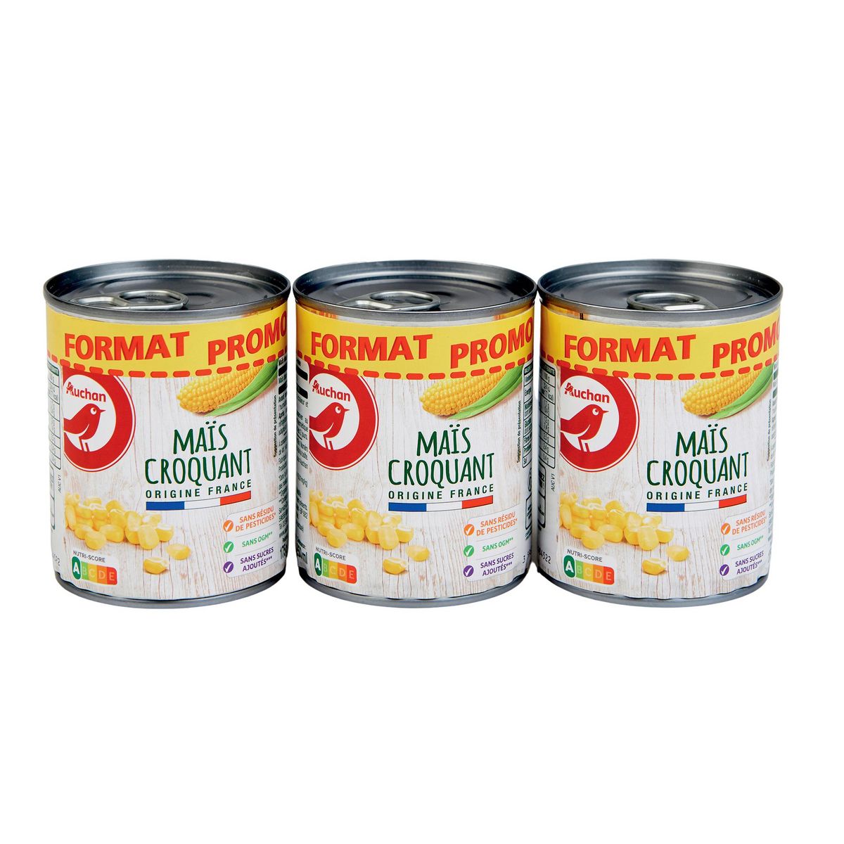 AUCHAN Maïs croquant sans residu de pesticides 3x165g