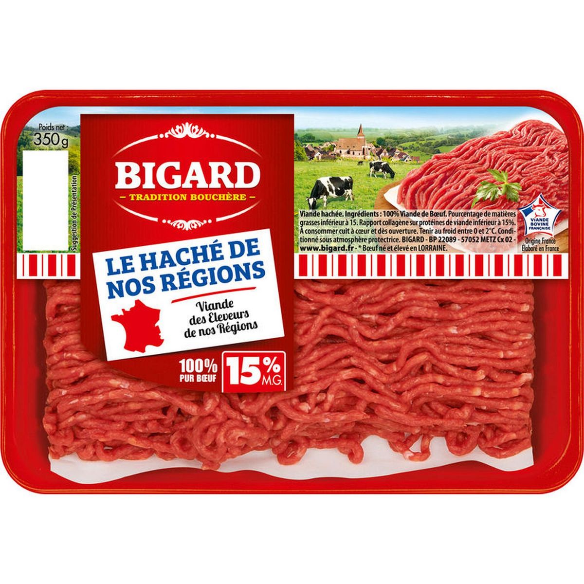 BIGARD Haché de nos régions viande 100% pur bœuf plein air MG 15% 350g