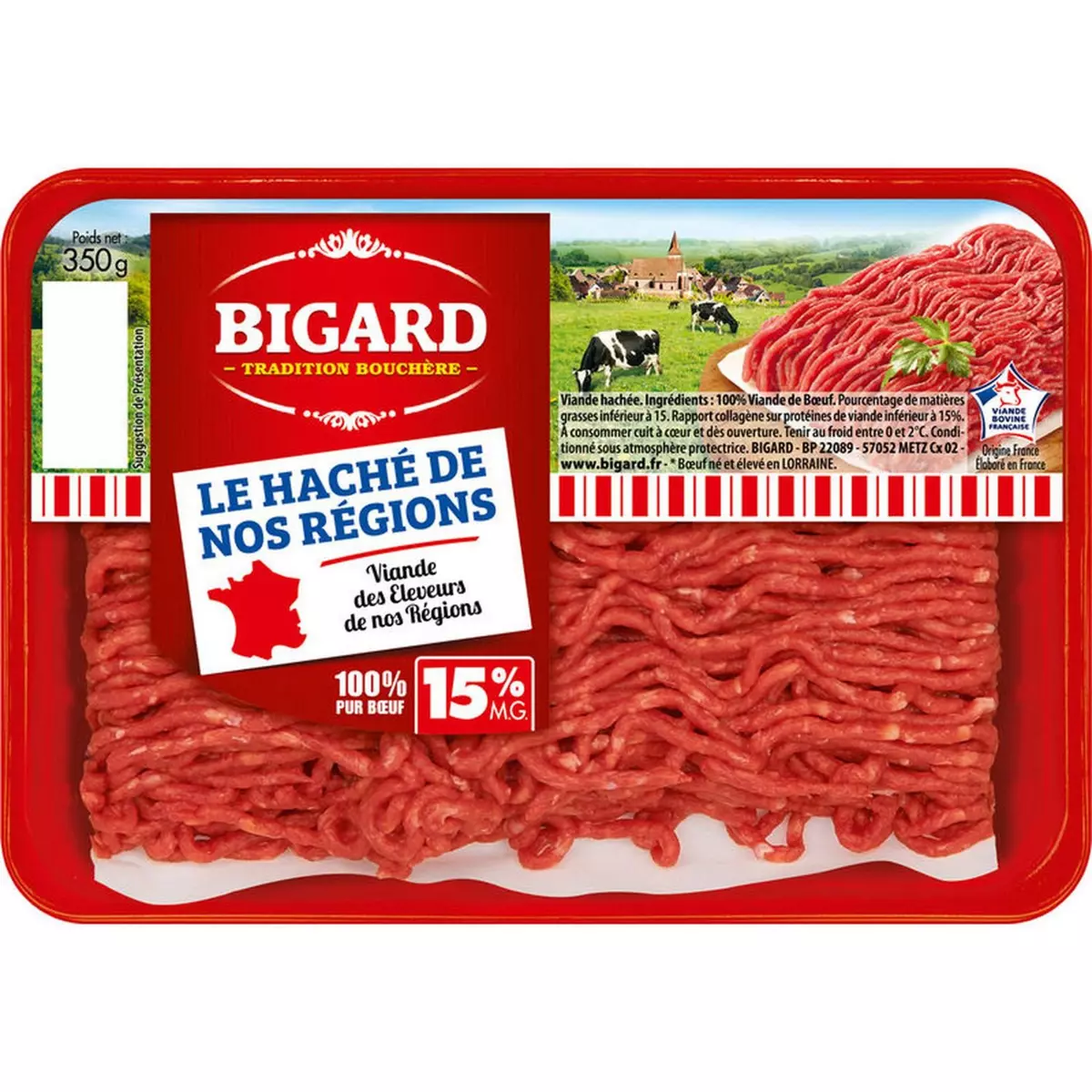 BIGARD Haché de nos régions viande 100% pur bœuf plein air MG 15% 350g