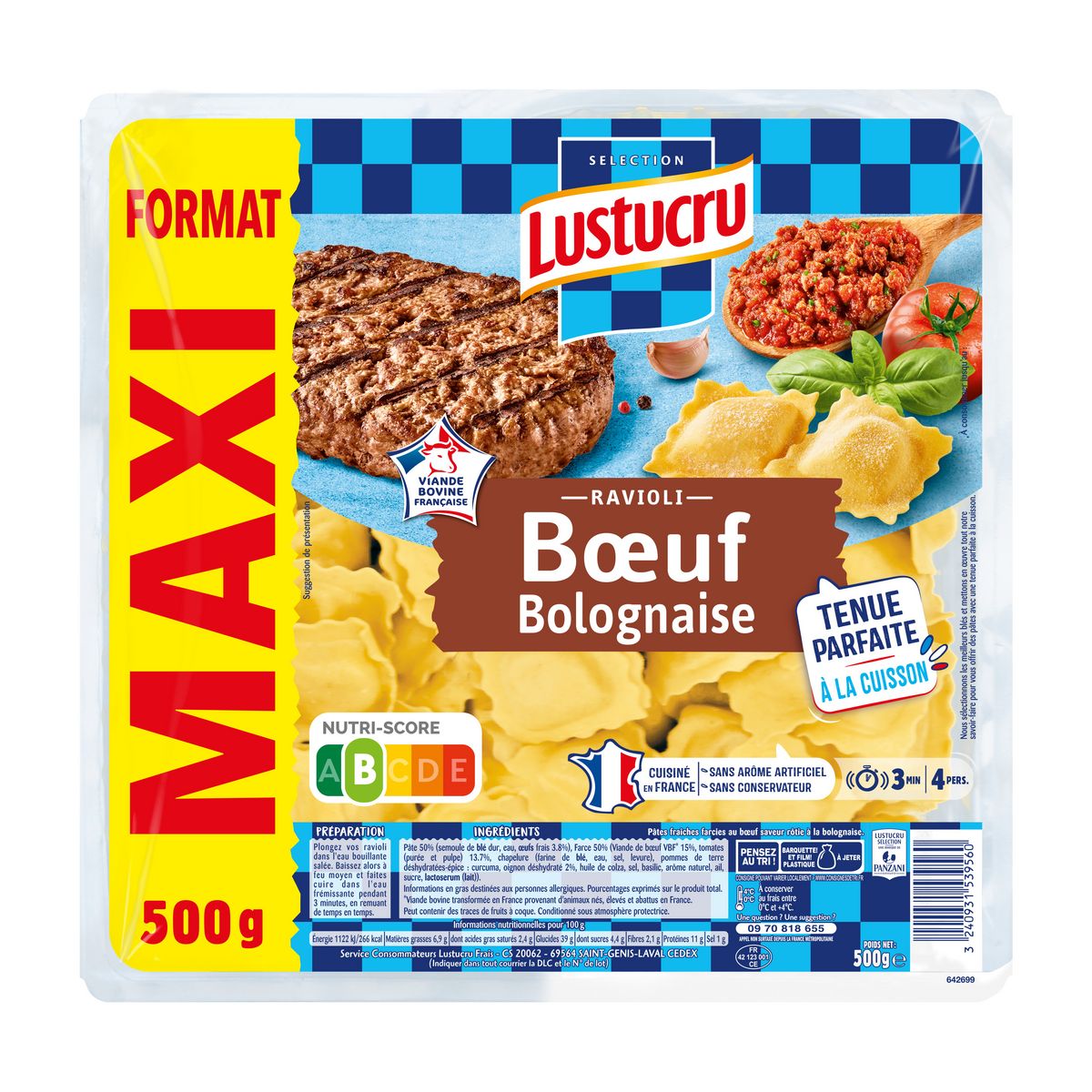 LUSTUCRU Ravioli bœuf bolognaise format Maxi 4 parts 500g
