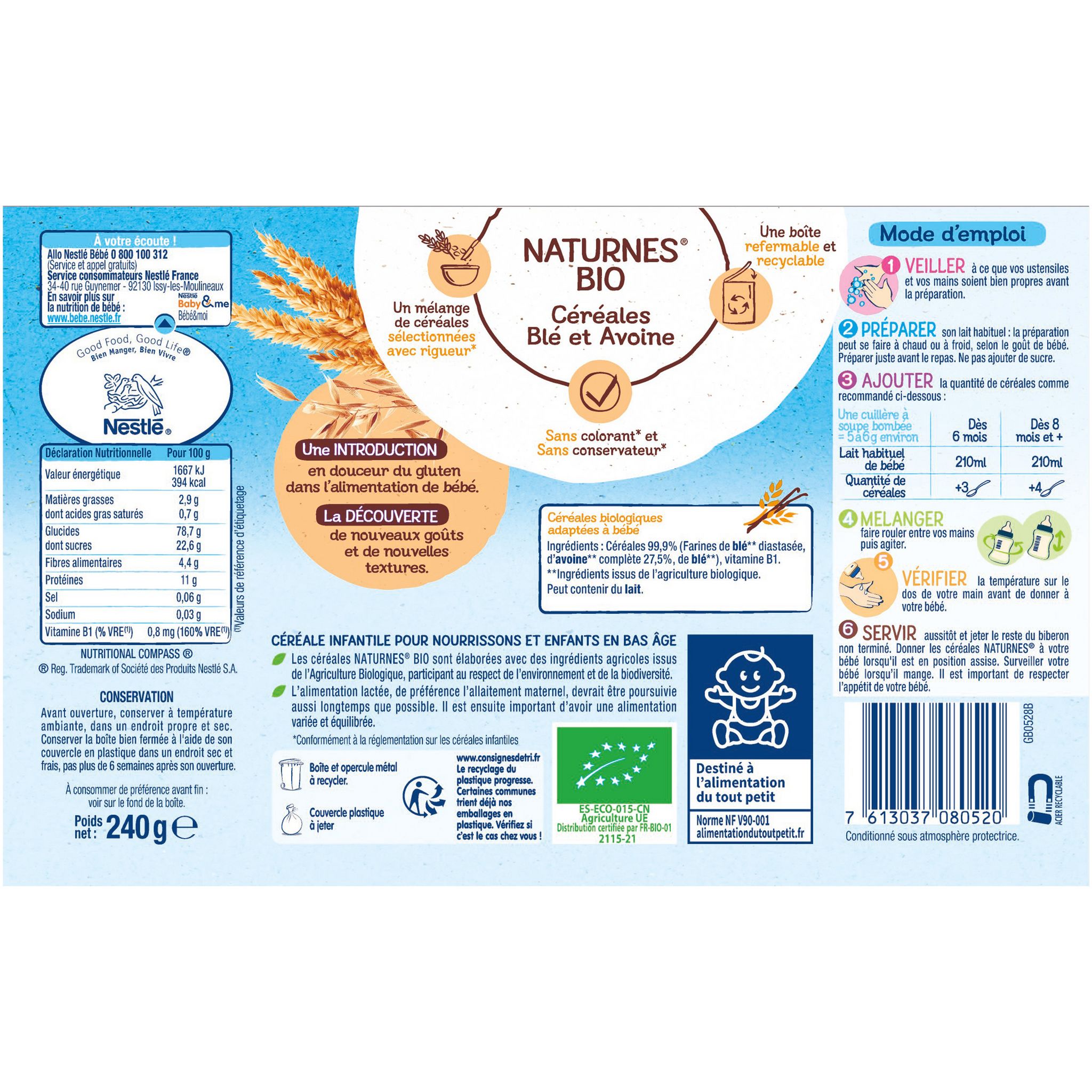 Voir la diapositive 4 : NESTLE Naturnes bio Céréales bio en poudre au blé et à l'avoine dès 6 mois 240g