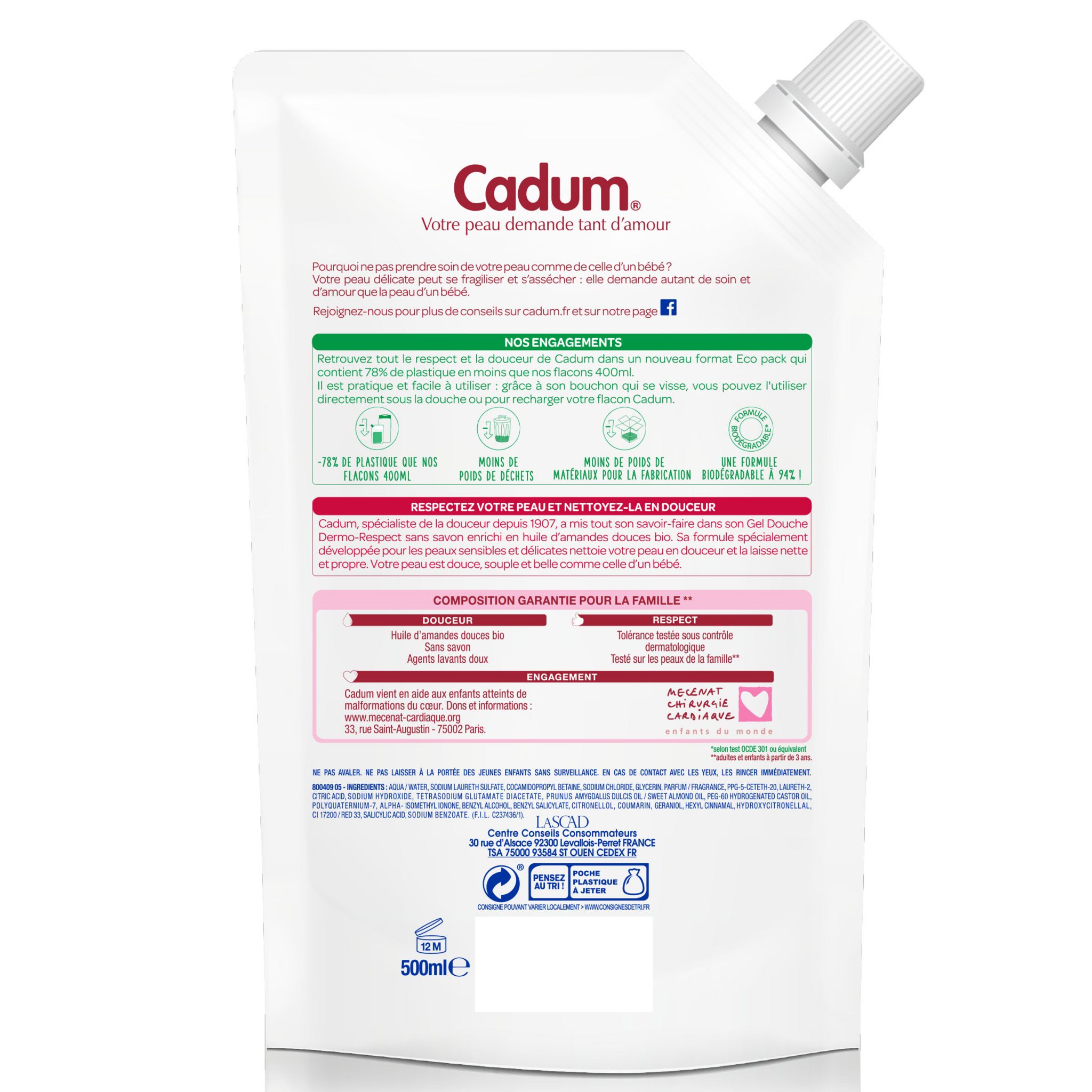 Voir la diapositive 2 : CADUM Recharge gel douche dermo-respect sans savon à l'huile d'amande douce bio 500ml
