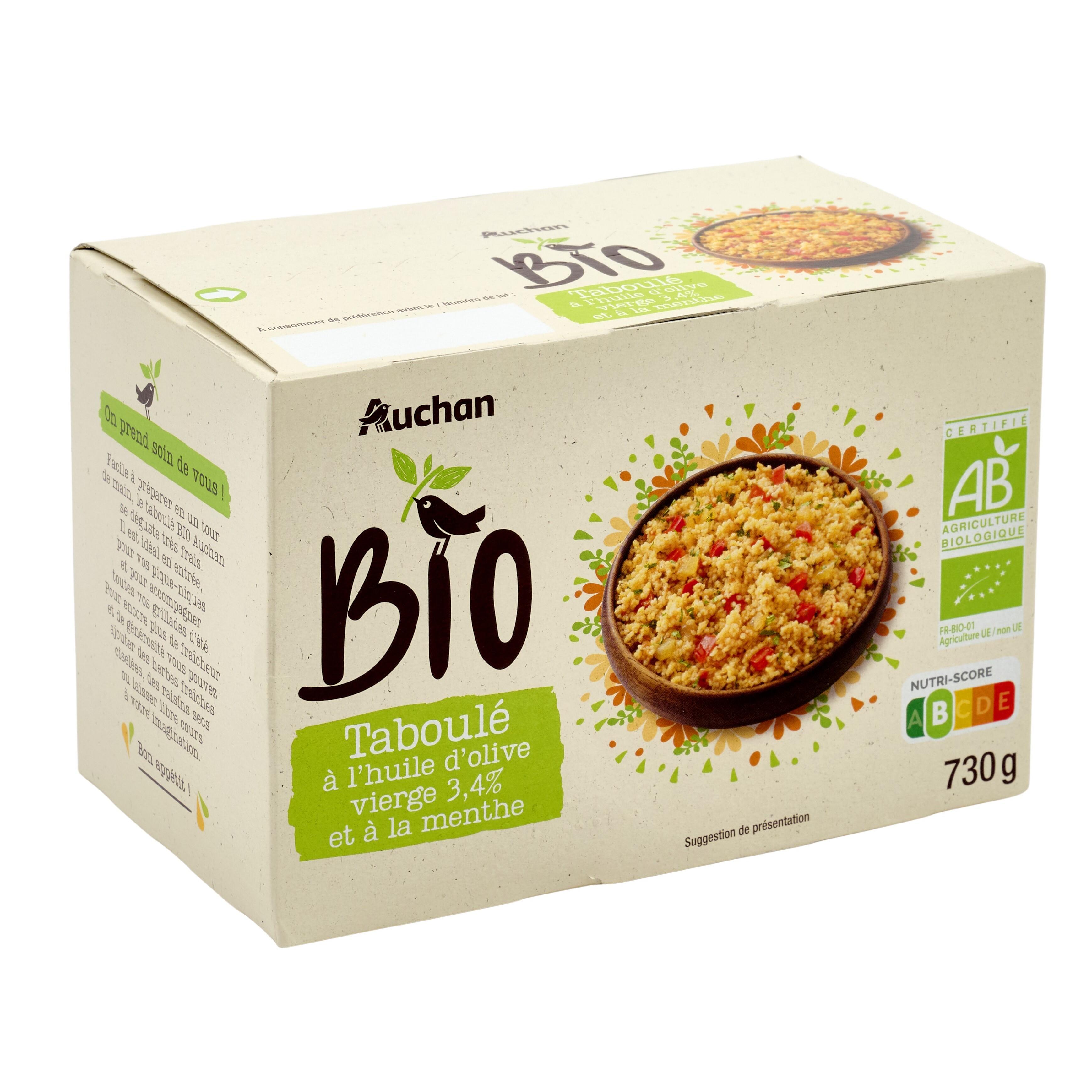 Voir la diapositive 2 : AUCHAN BIO Taboulé à l'huile d'olive vierge extra 34% et à la menthe 4 portions 730g