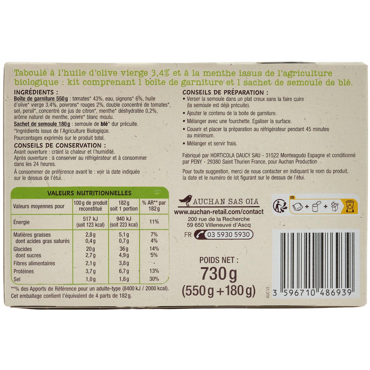 AUCHAN BIO Taboulé à l'huile d'olive vierge extra 34% et à la menthe 730g