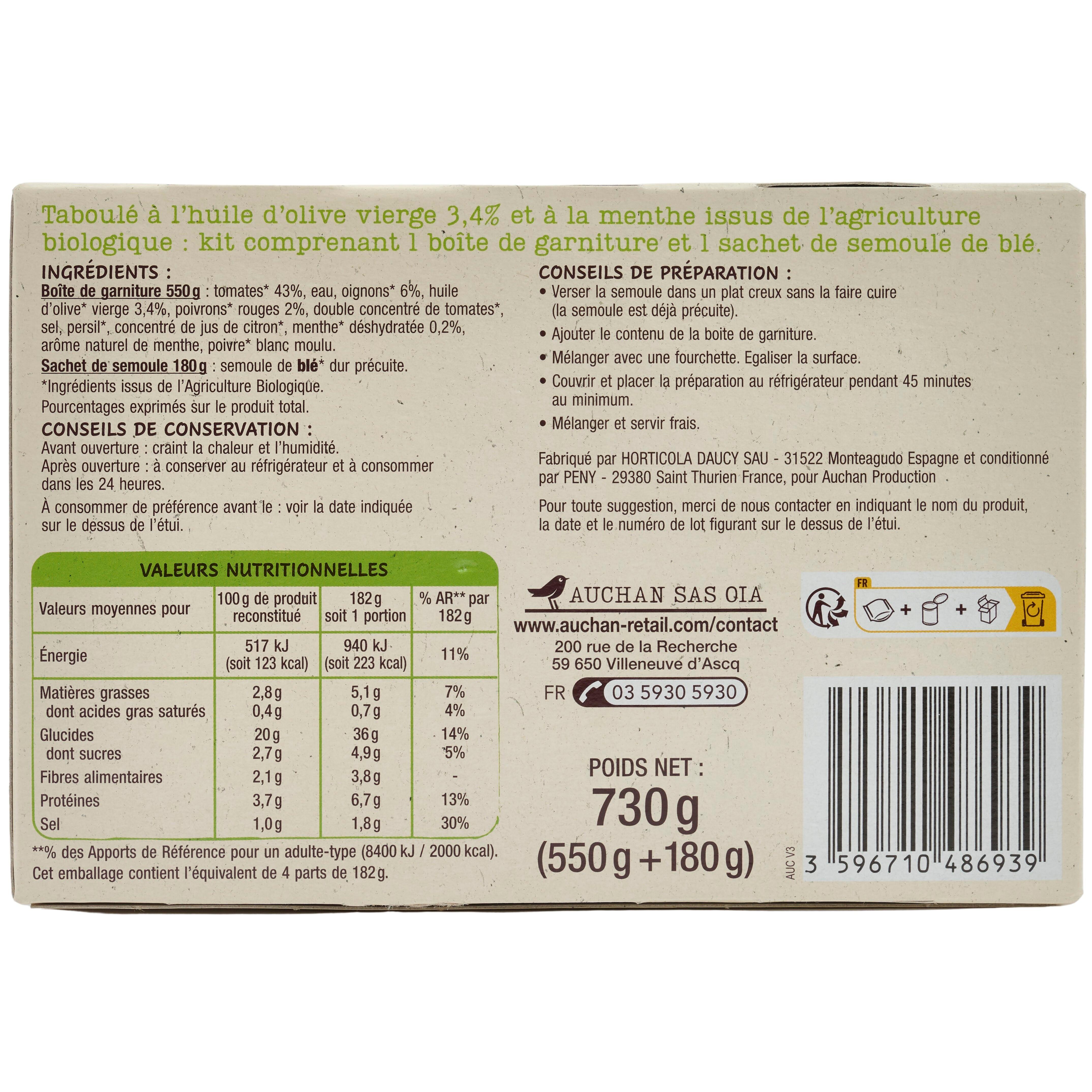 Voir la diapositive 3 : AUCHAN BIO Taboulé à l'huile d'olive vierge extra 34% et à la menthe 4 portions 730g