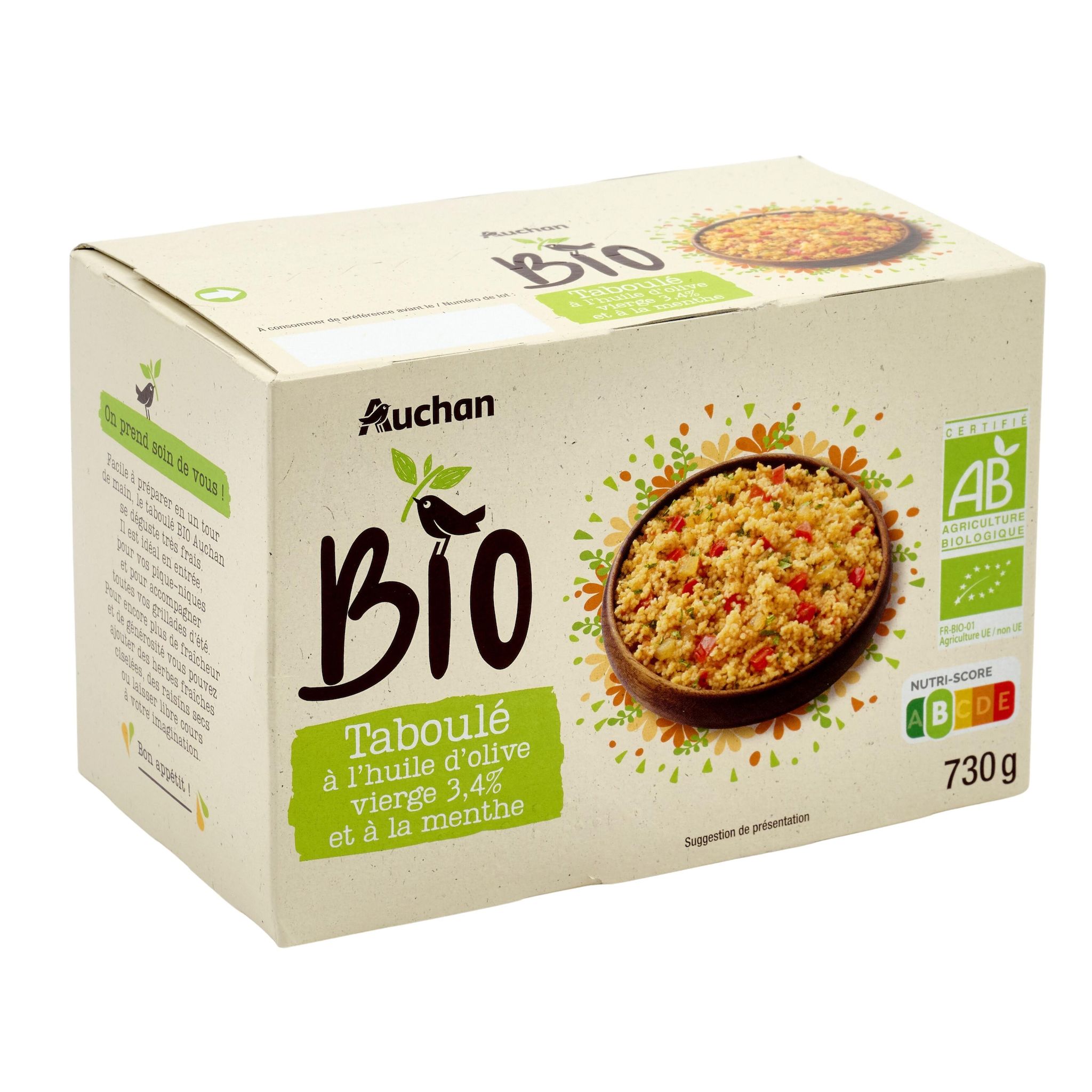 Voir la diapositive 3 : AUCHAN BIO Taboulé à l'huile d'olive vierge extra 34% et à la menthe 730g