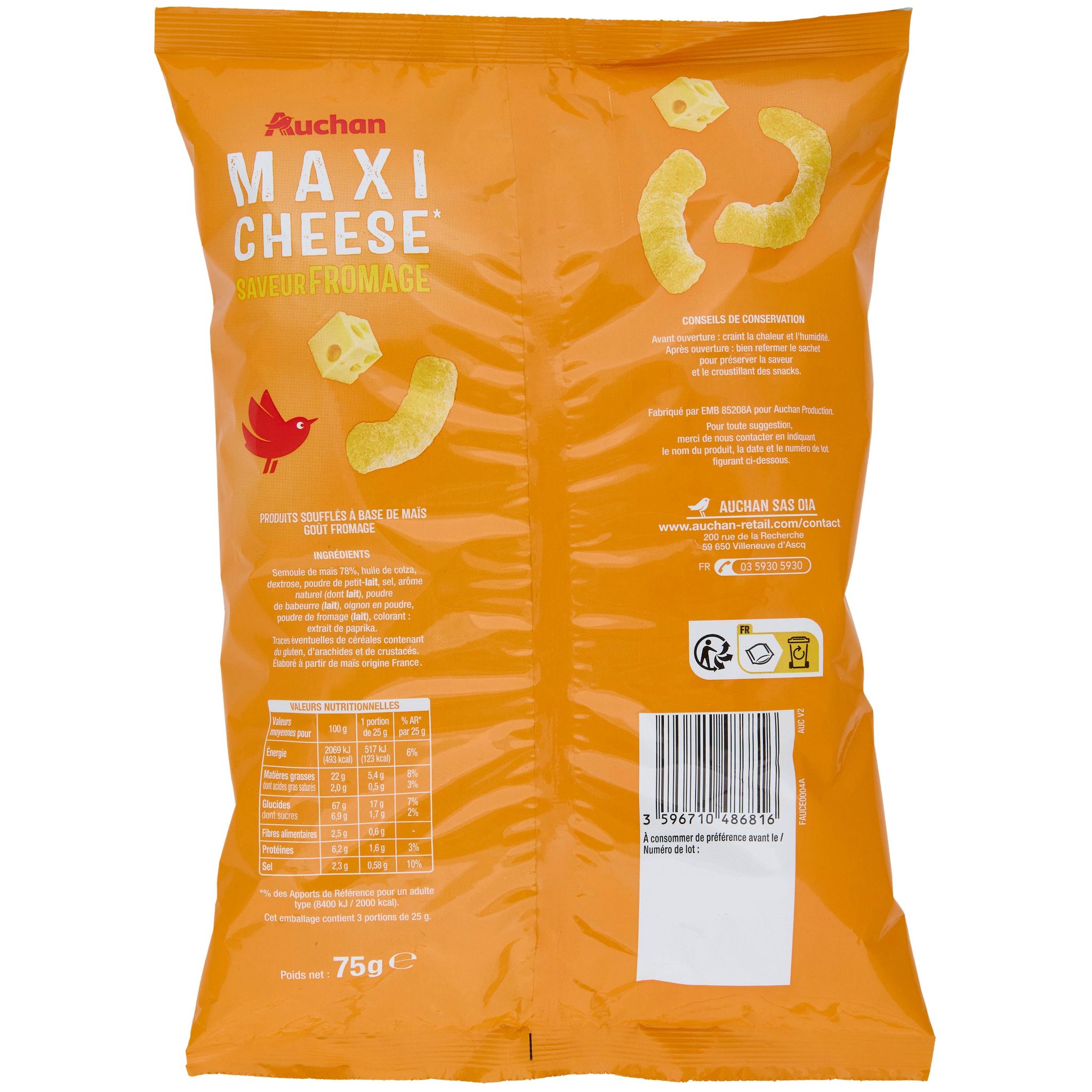 Voir la diapositive 2 : AUCHAN Maxi Cheese biscuits soufflés saveur fromage 75g