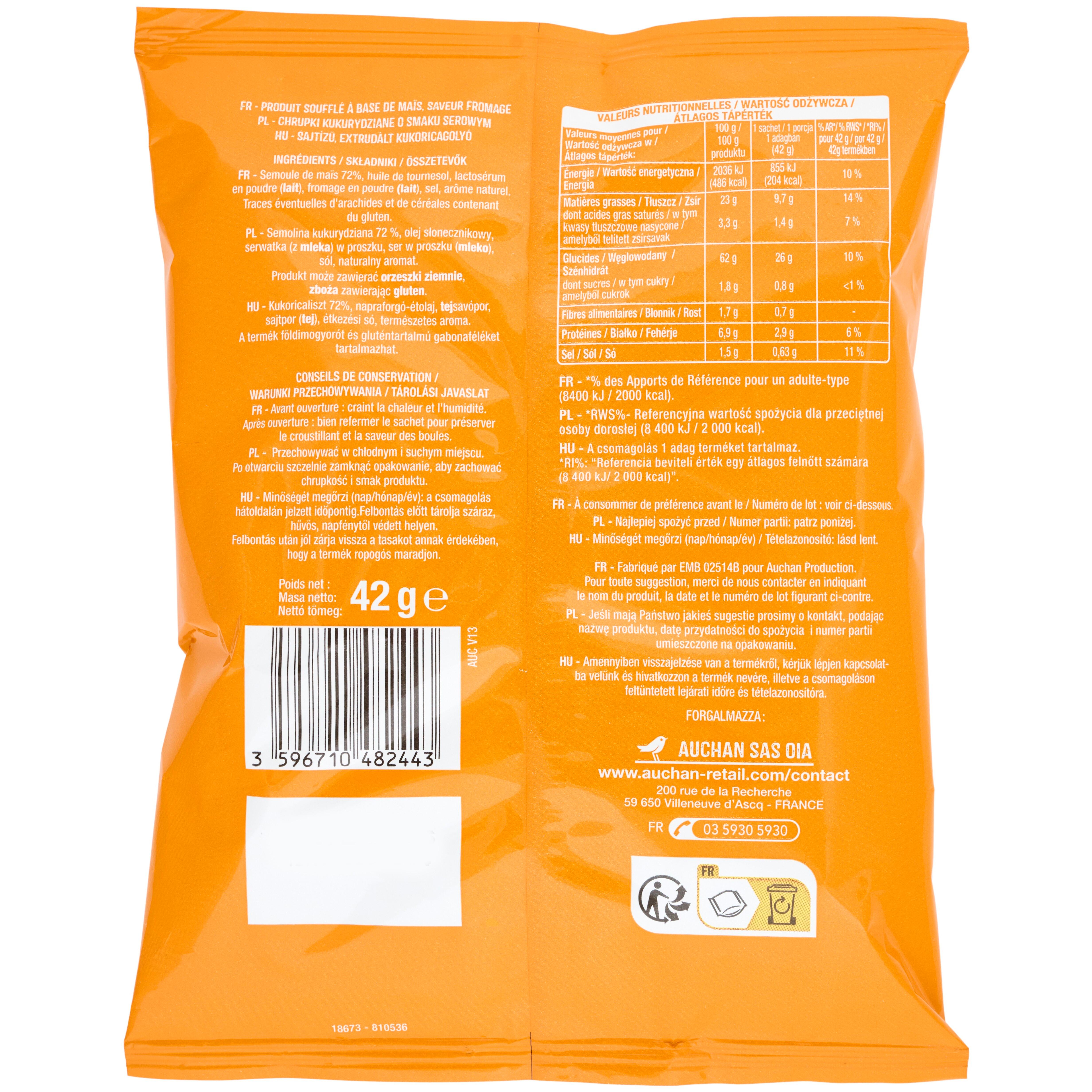 Voir la diapositive 2 : AUCHAN Biscuits soufflés au fromage 42g
