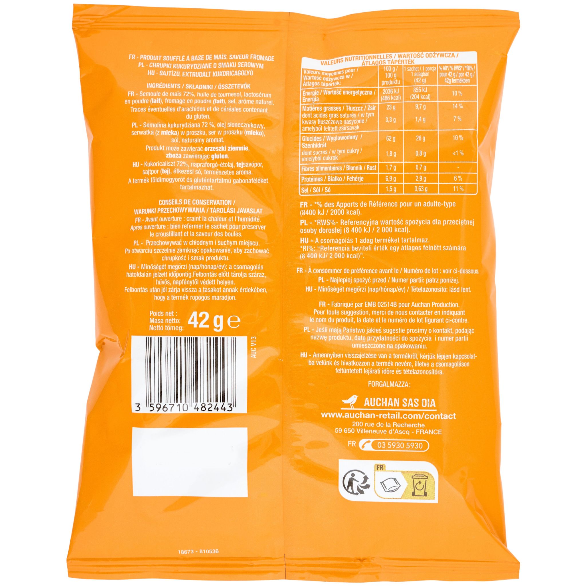 Voir la diapositive 2 : AUCHAN Biscuits soufflés au fromage 42g