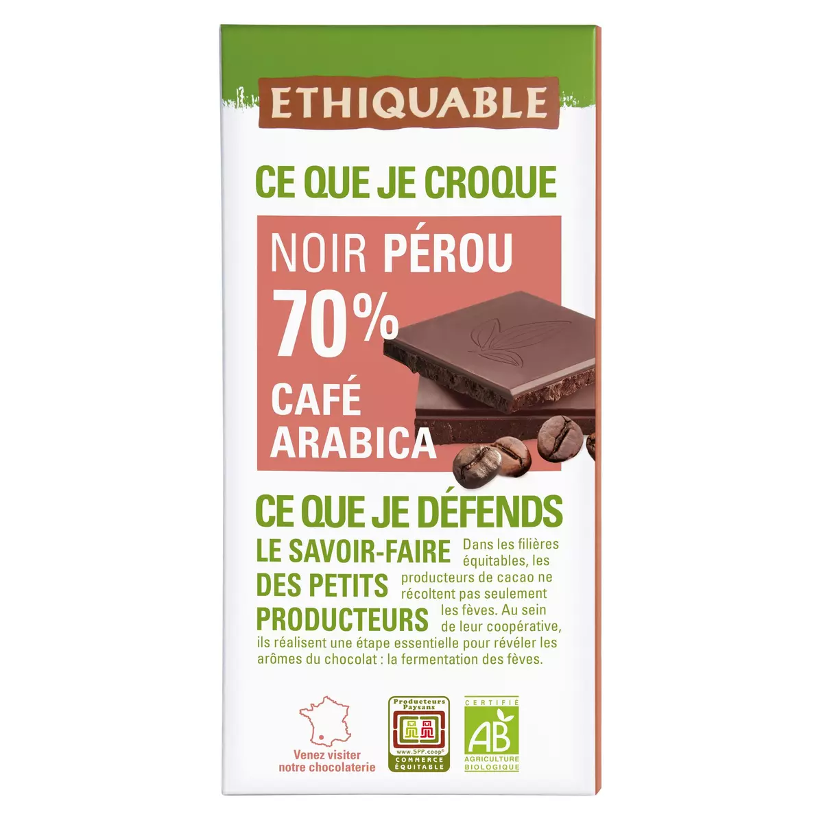 ETHIQUABLE Tablette de chocolat noir bio 70% Pérou café arabica 1 pièce 100g