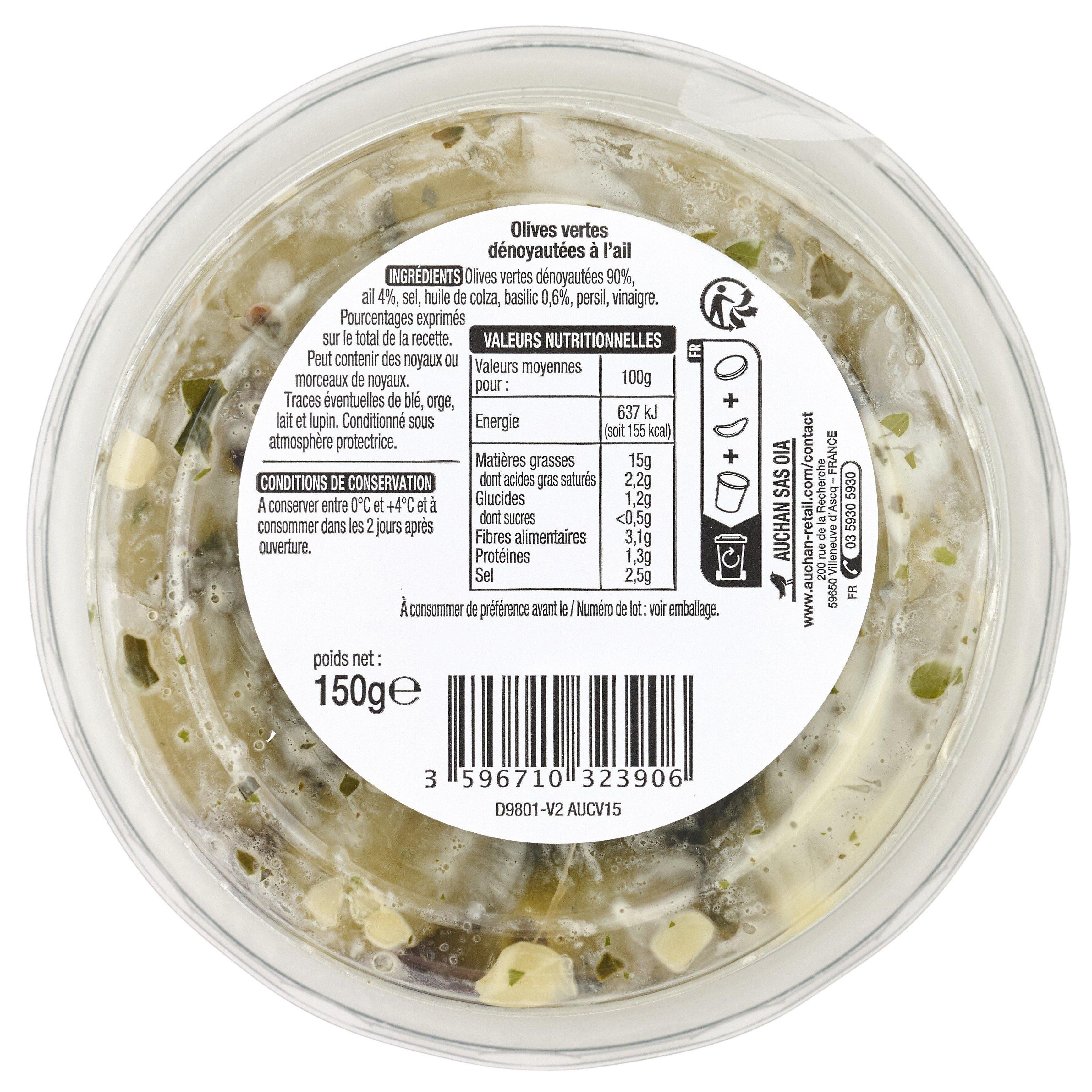 Voir la diapositive 3 : AUCHAN Olives vertes dénoyautées à l'ail 150g
