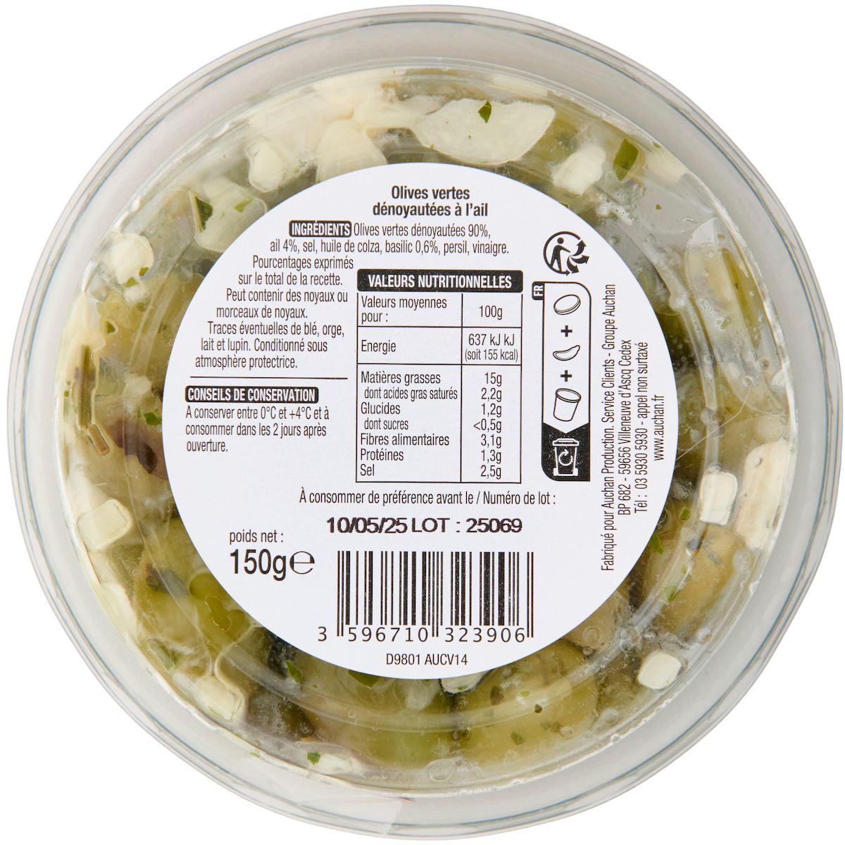 AUCHAN Olives vertes dénoyautées à l'ail 150g