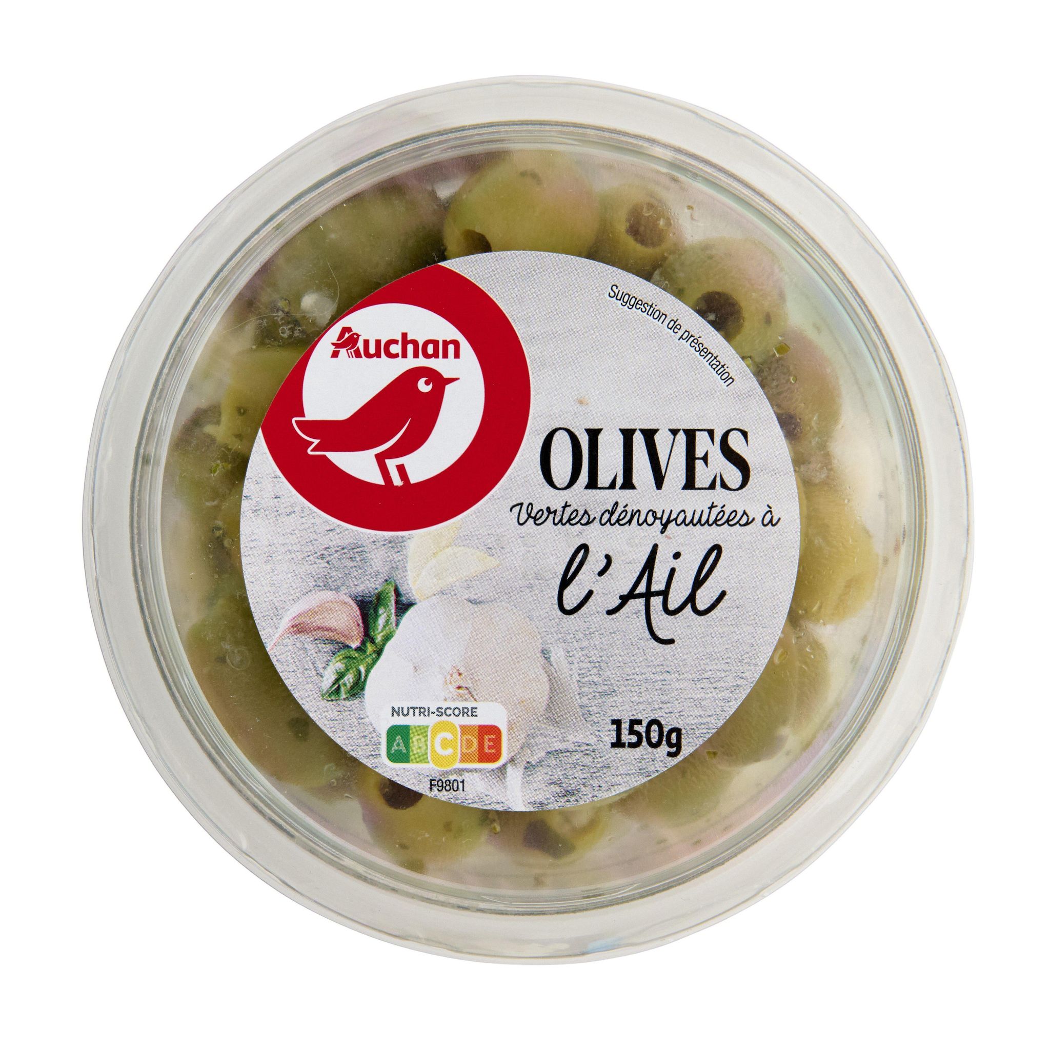 Voir la diapositive 4 : AUCHAN Olives vertes dénoyautées à l'ail 150g