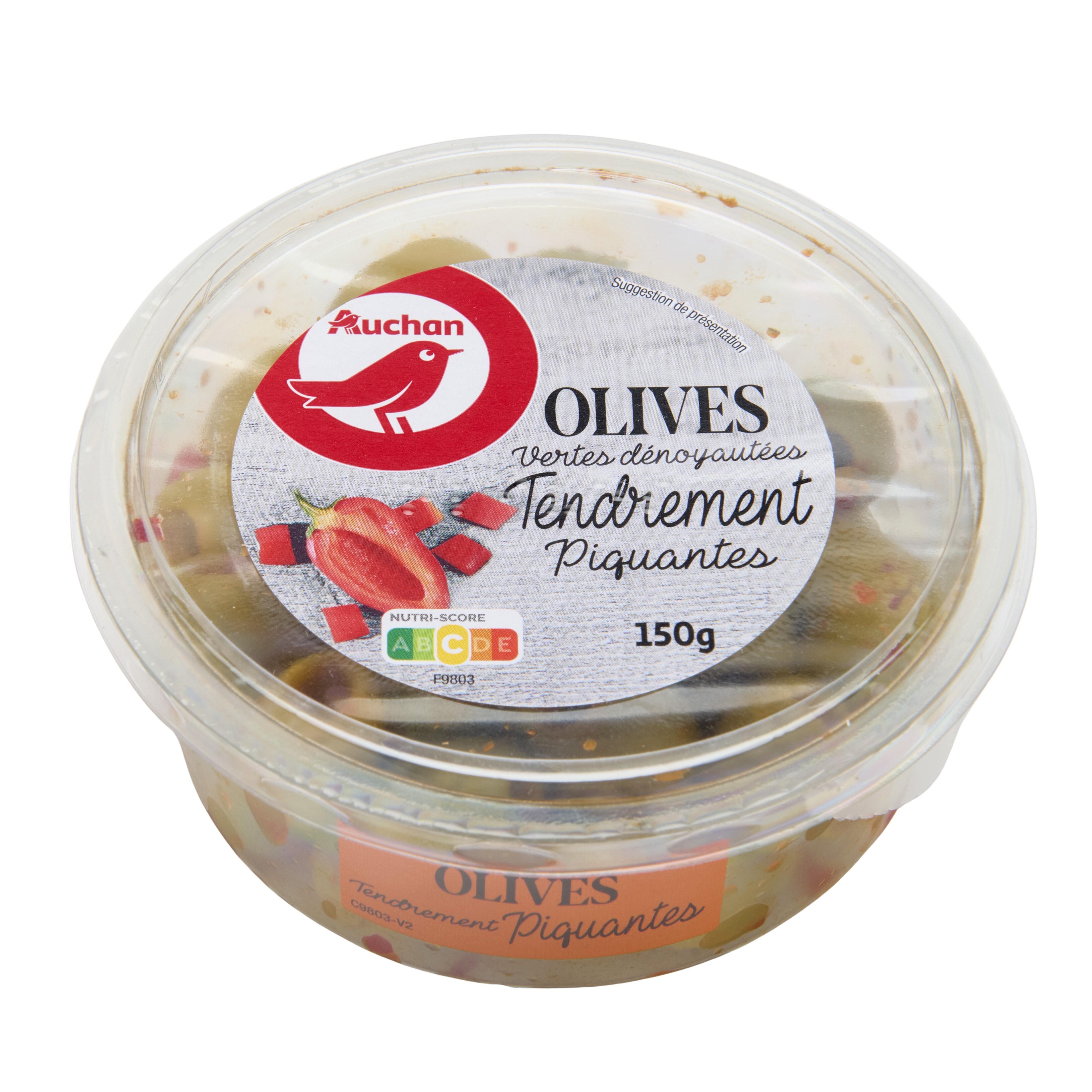 Voir la diapositive 2 : AUCHAN Olives vertes dénoyautées tendrement piquantes 150g