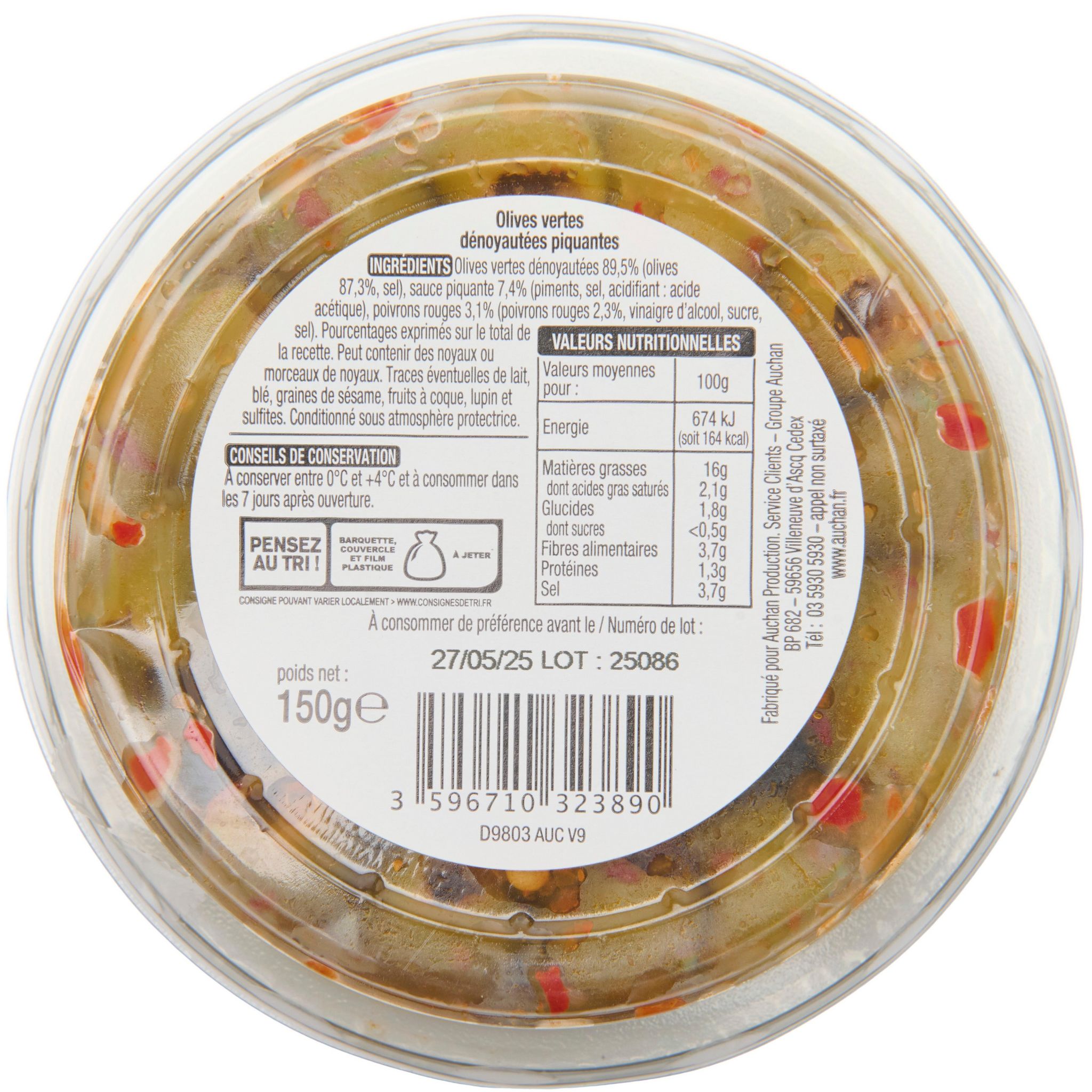 Voir la diapositive 3 : AUCHAN Olives vertes dénoyautées tendrement piquantes 150g