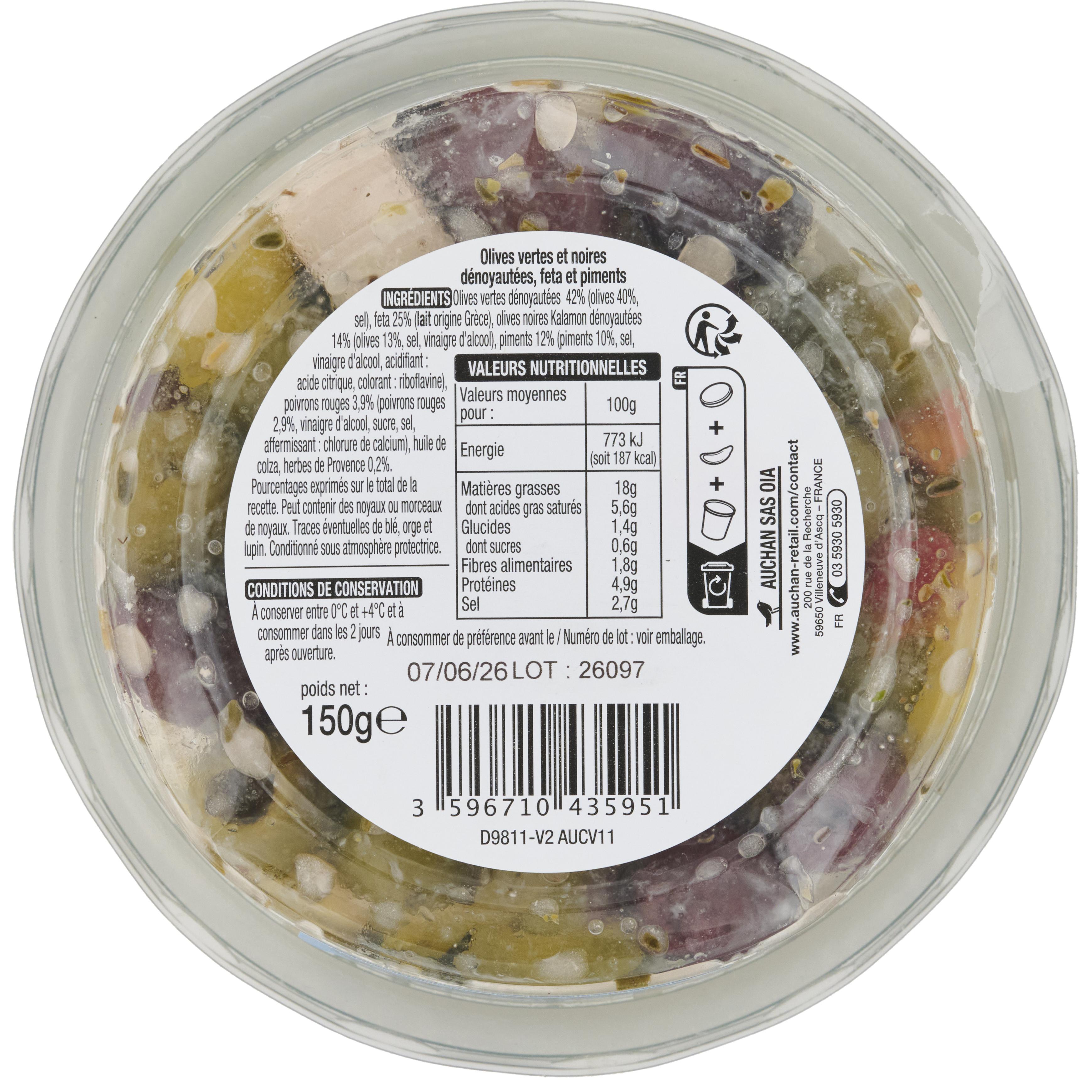 Voir la diapositive 3 : AUCHAN Olives vertes et noires dénoyautes feta et piments 150g