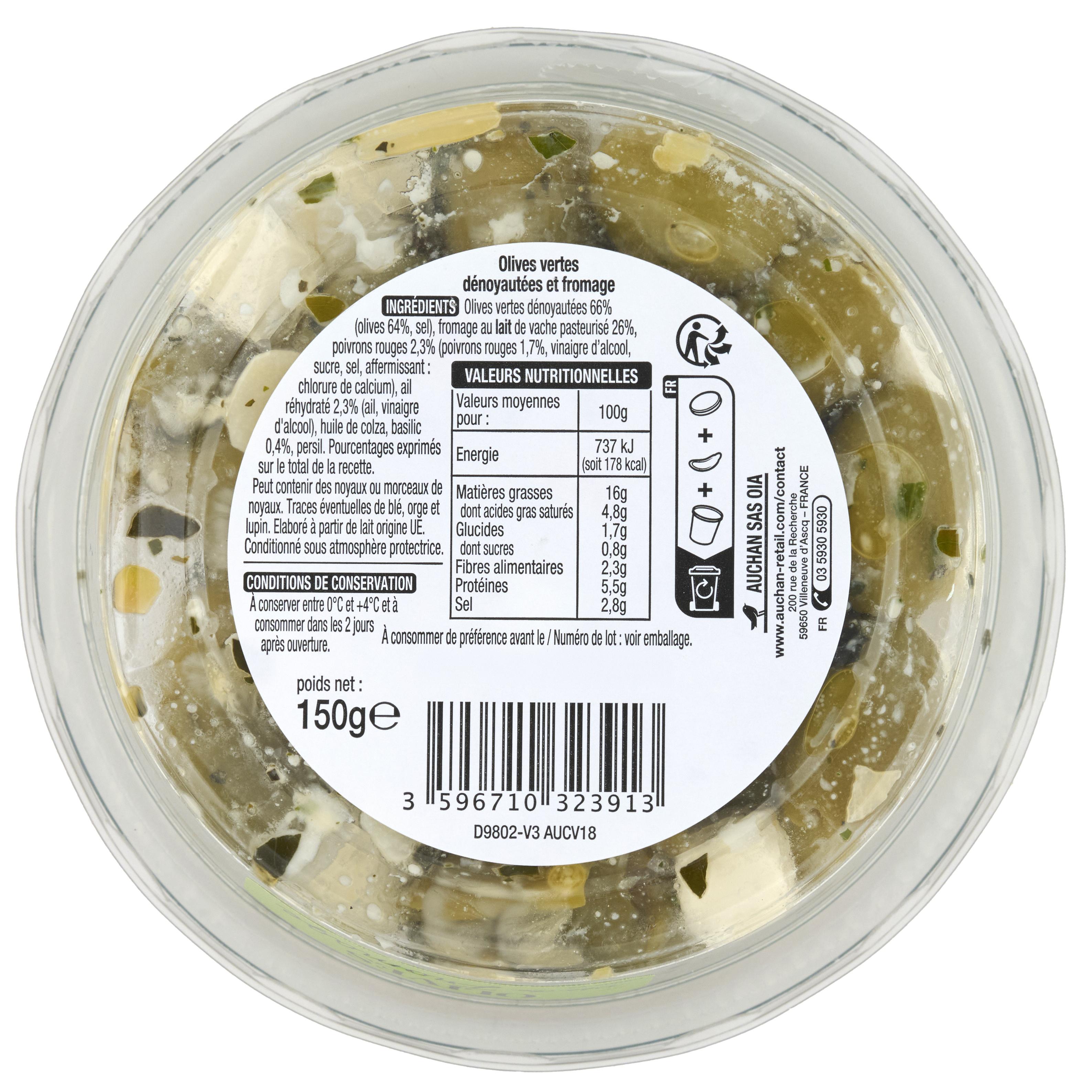 Voir la diapositive 3 : AUCHAN Olives vertes dénoyautées et dés de fromage 150g