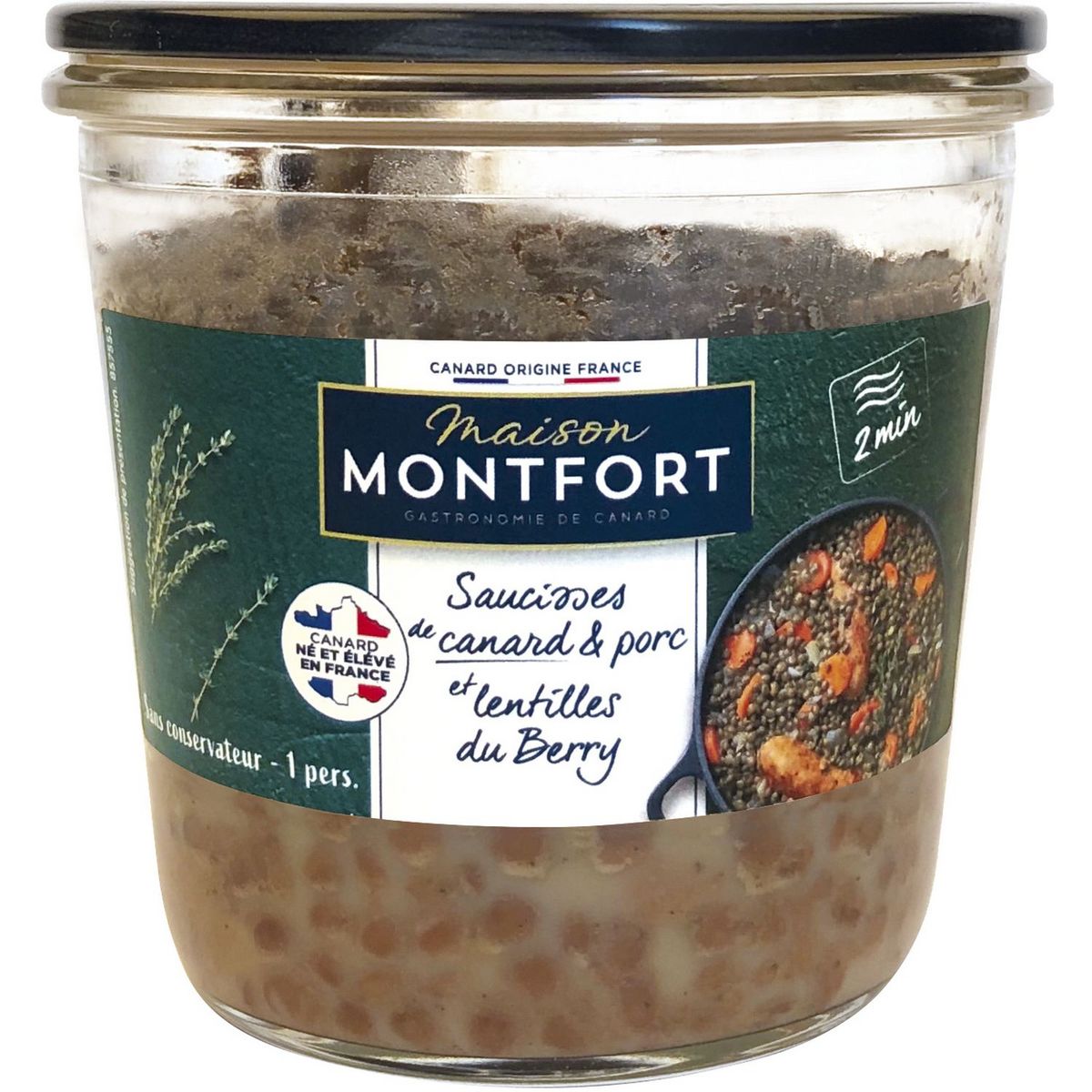 MAISON MONTFORT Saucisses de canard et de porc aux lentilles du Berry bocal 320g