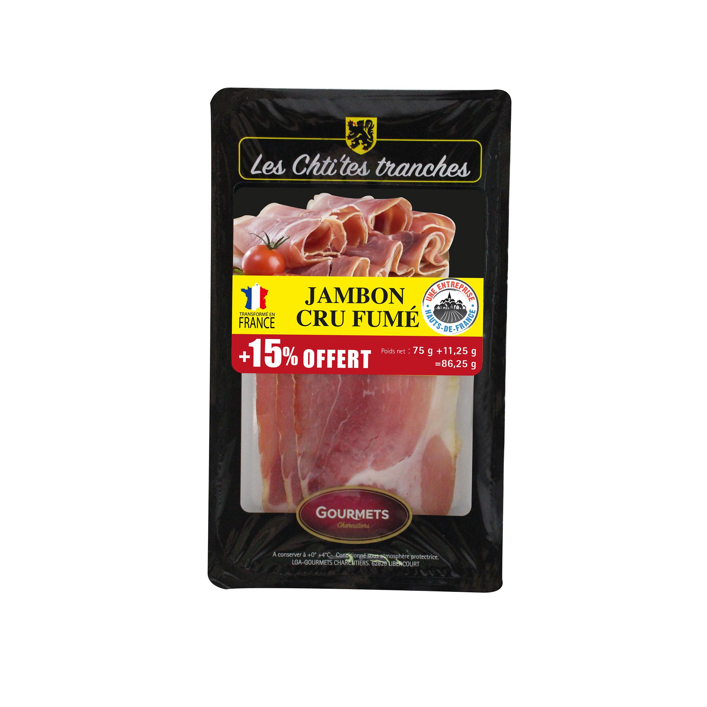 LES CHTI'TES TRANCHES Jambon cru fumé 75g+15% offert =86.25g 86.25g