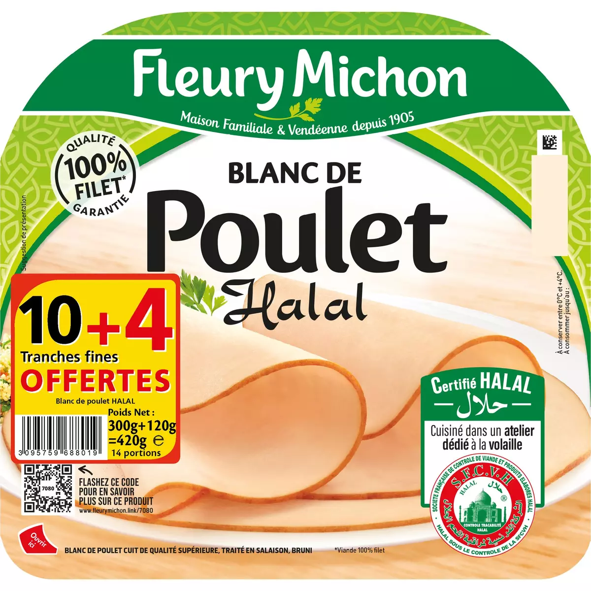 FLEURY MICHON Blanc de poulet halal tranches fines 10+4 offertes 420g