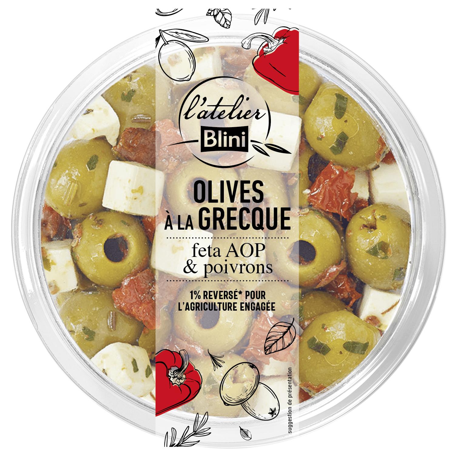 L'ATELIER BLINI Olives à la grecques féta AOP et poivrons 150g