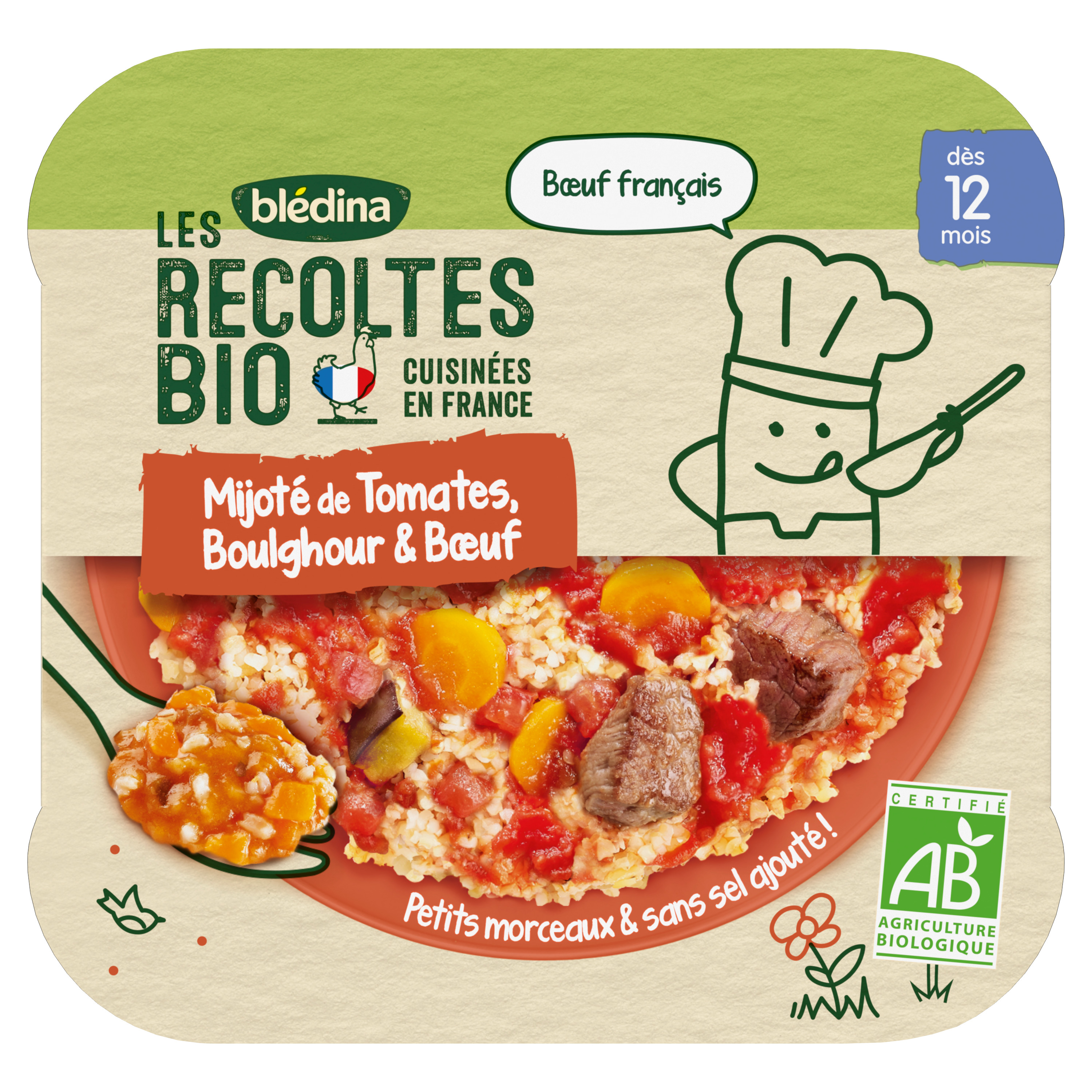 Voir la diapositive 2 : BLEDINA Les récoltes bio assiette boulghour tomate boeuf bio dès 12 mois 230g