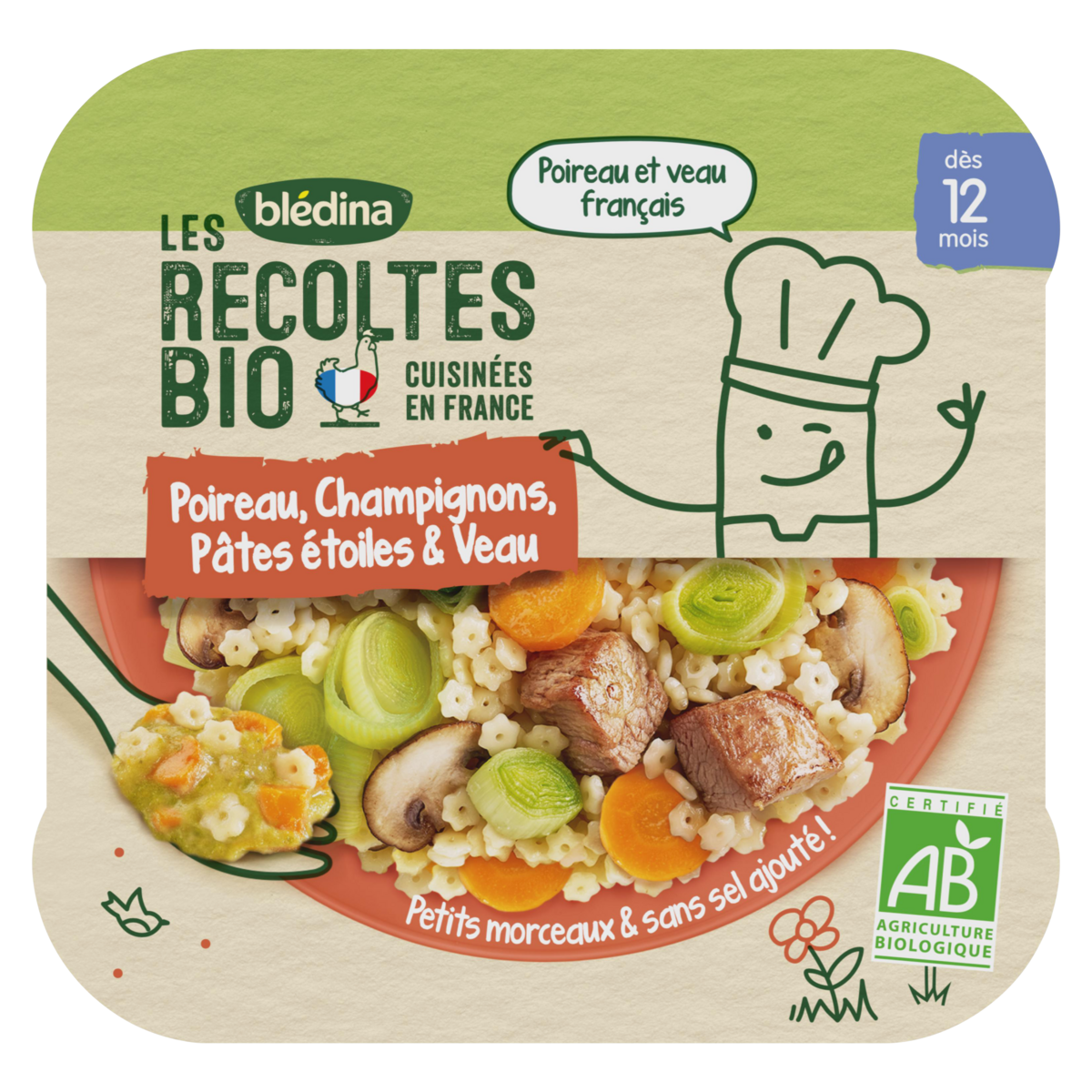 BLEDINA Assiette poireau champignons pâtes veau bio dès 12 mois 230g