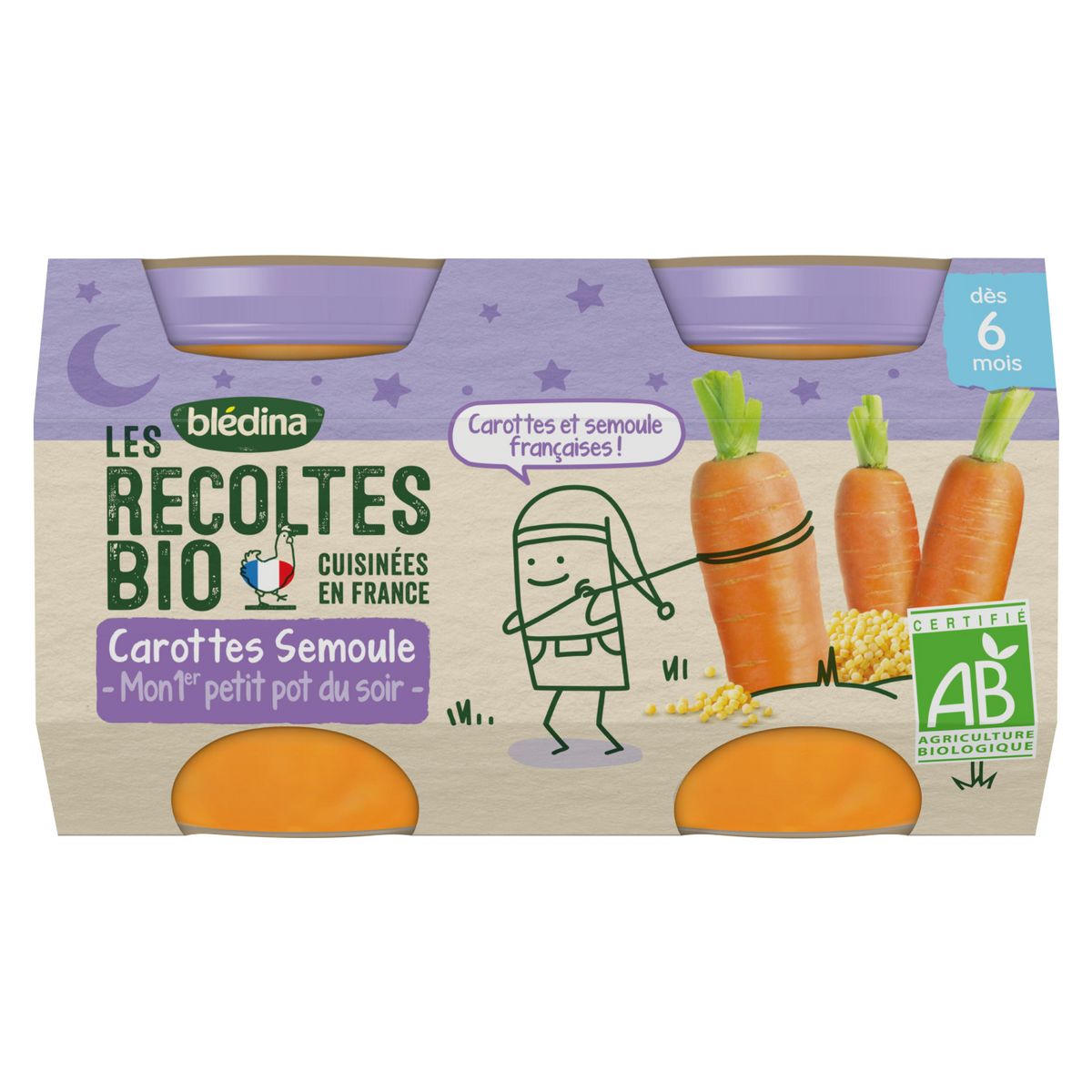 BLEDINA Petit pot carotte semoule bio dès 6 mois 2x130g