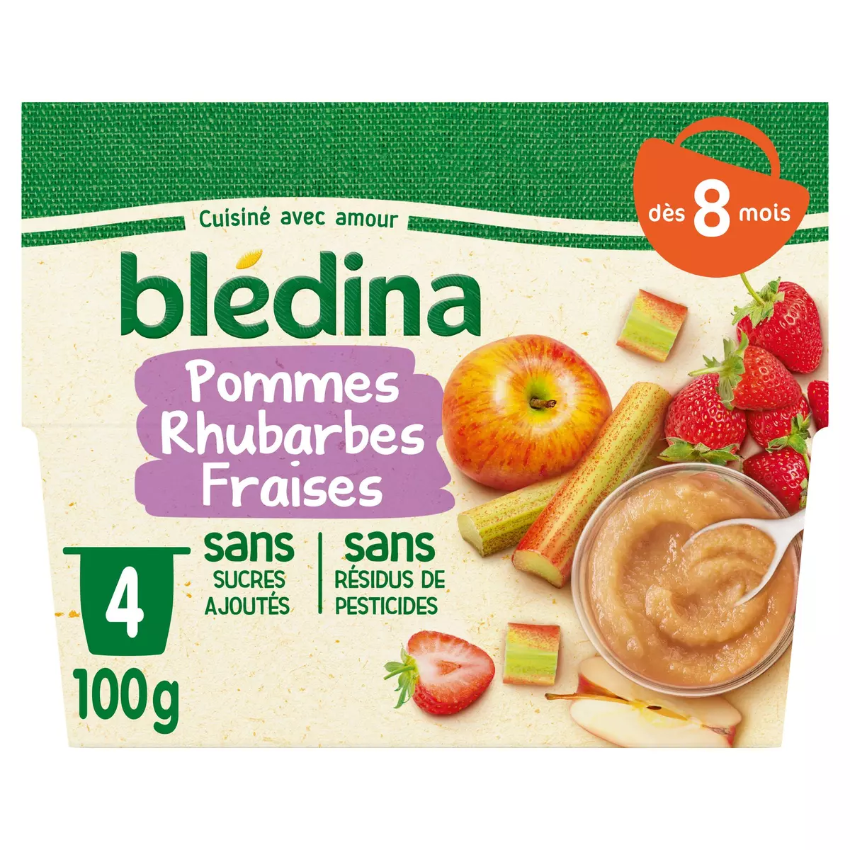 BLEDINA Petit pot dessert pomme rhubarbes et fraises dès 8 mois 4x100g pas  cher 