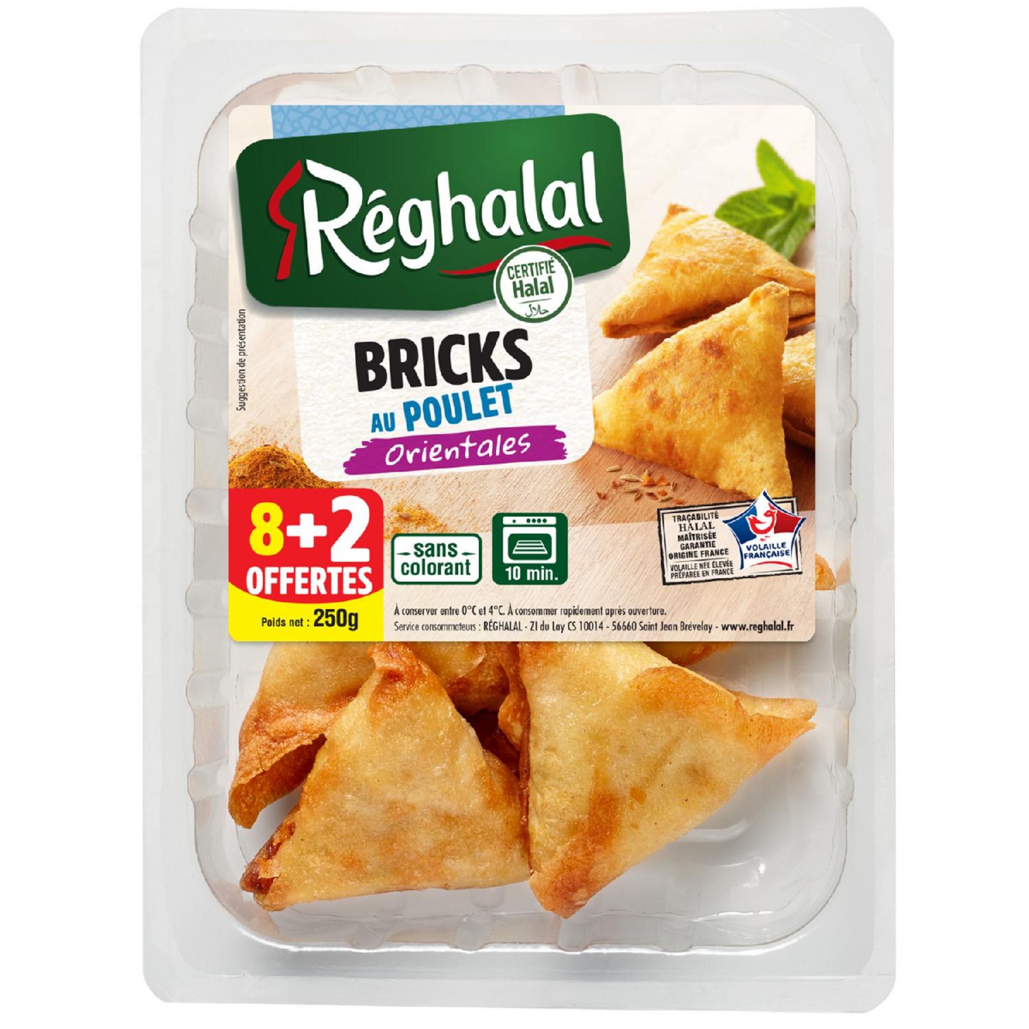 REGHALAL Bricks au poulet orientales halal 8 tranches+2 offertes 250g
