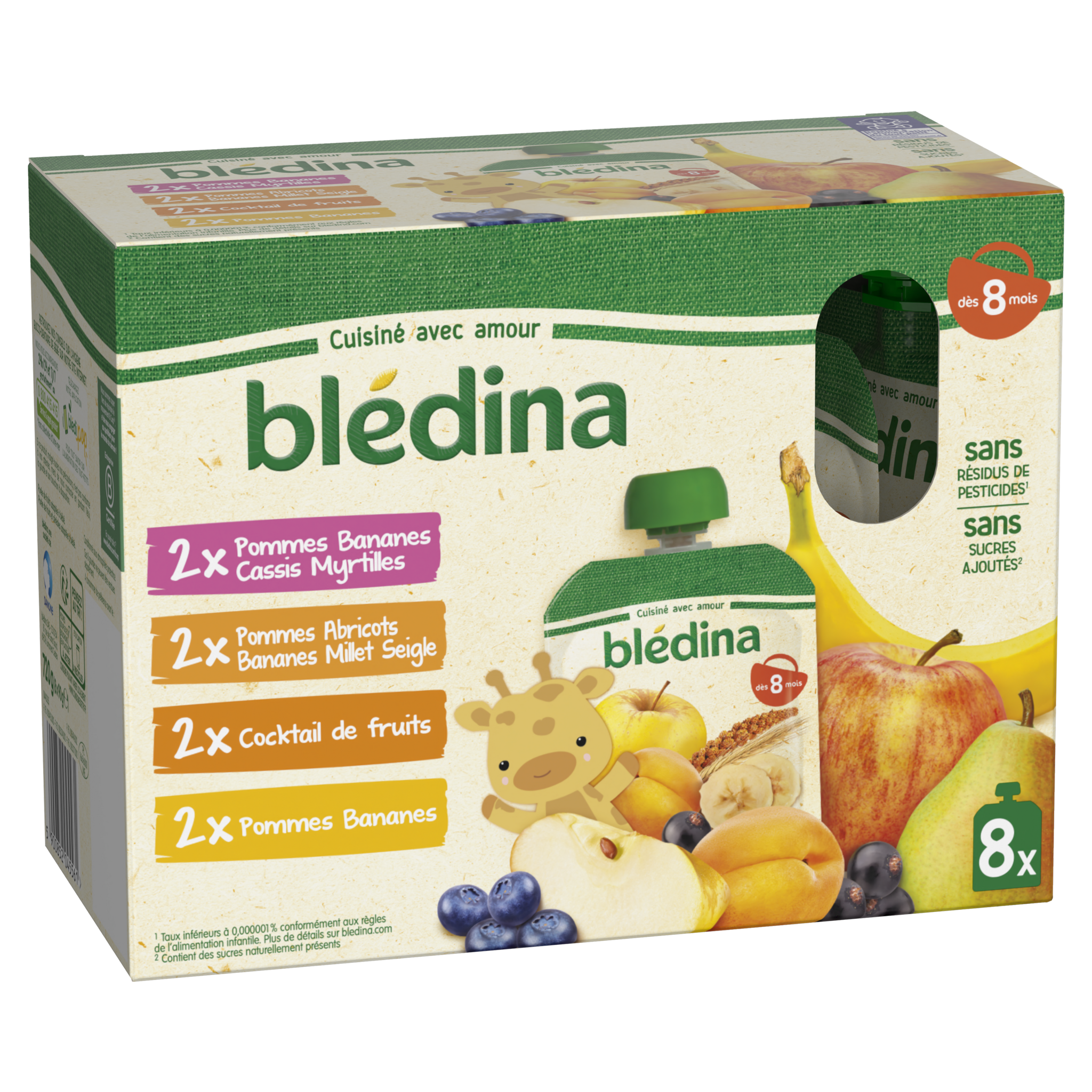 Voir la diapositive 2 : BLEDINA Assortiment gourdes dessert purée de fruits dès 8 mois 8x90g